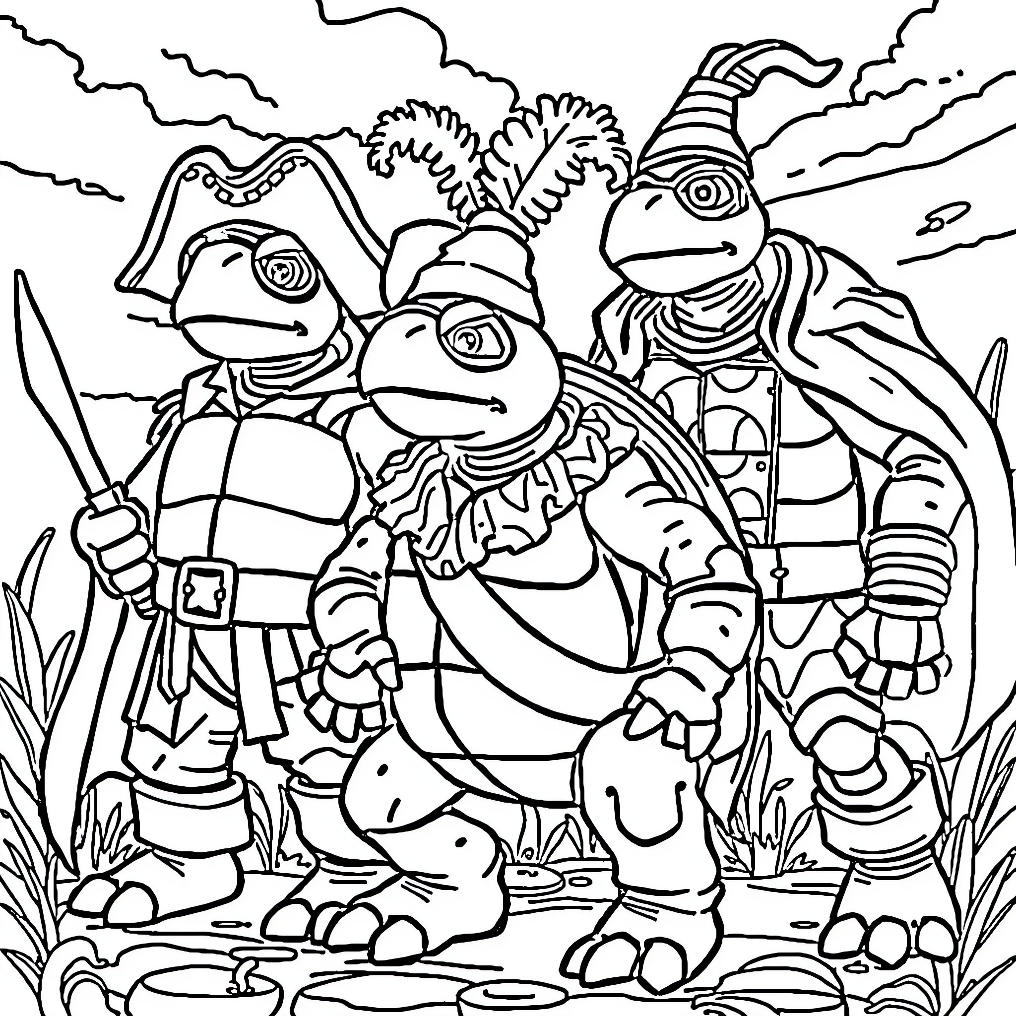 Turtle Pirates Prepare for Adventure Coloring Page (free black-and-white line drawing printable PDF for all, from beginners to advanced learners, including children, teens, adults, and seniors)