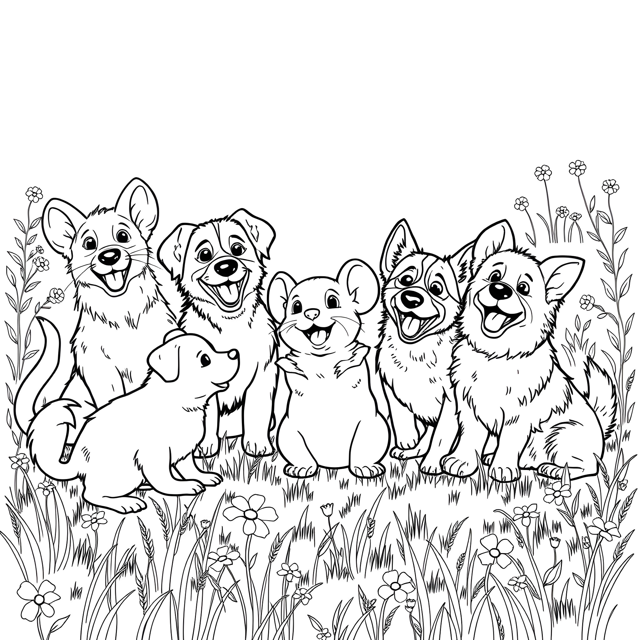 Mouse friends enjoying a playful meadow Coloring Page (free black-and-white line drawing printable PDF for all, from beginners to advanced learners, including children, teens, adults, and seniors)