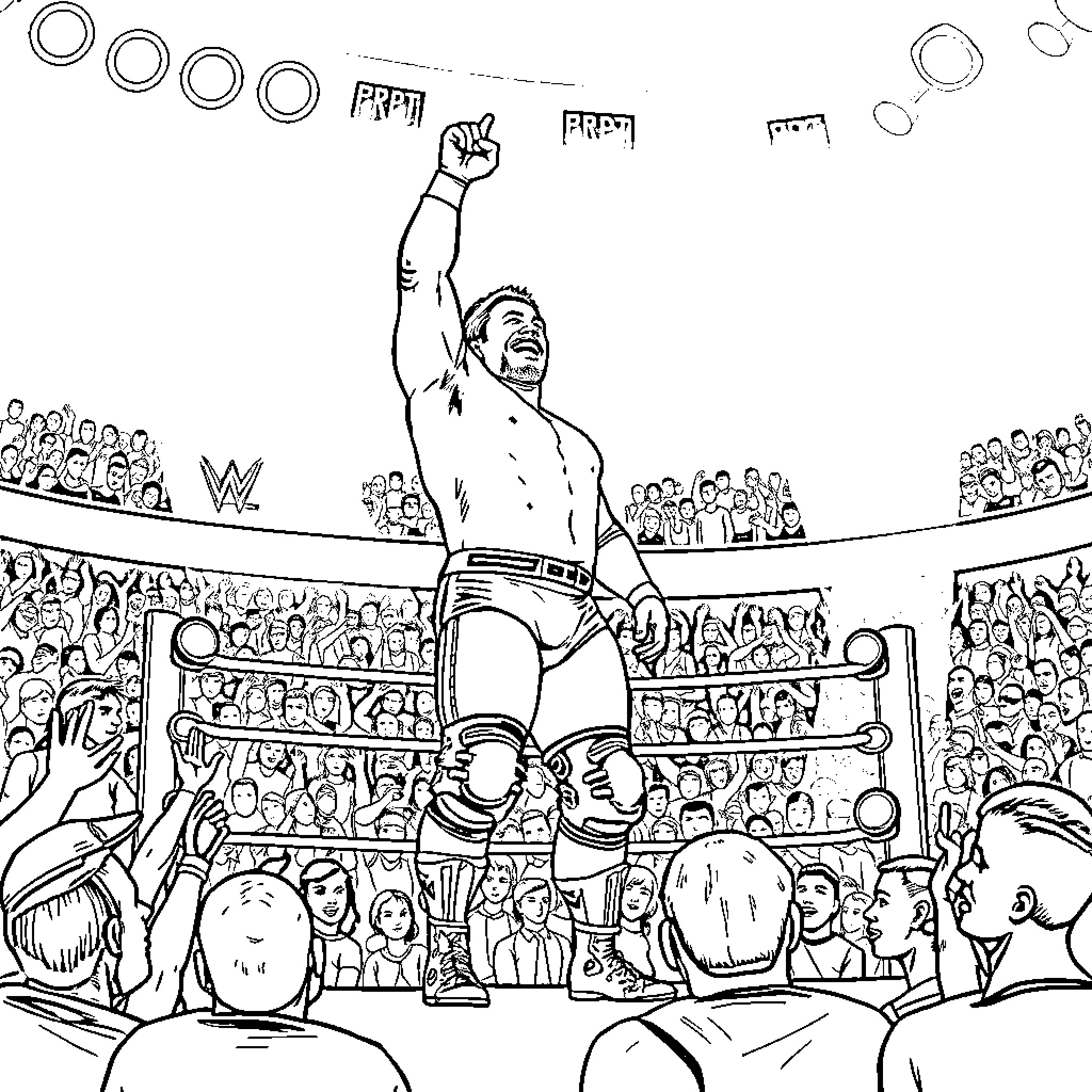 Wrestler triumphantly raises arms in arena Coloring Page (free black-and-white line drawing printable PDF for all, from beginners to advanced learners, including children, teens, adults, and seniors)