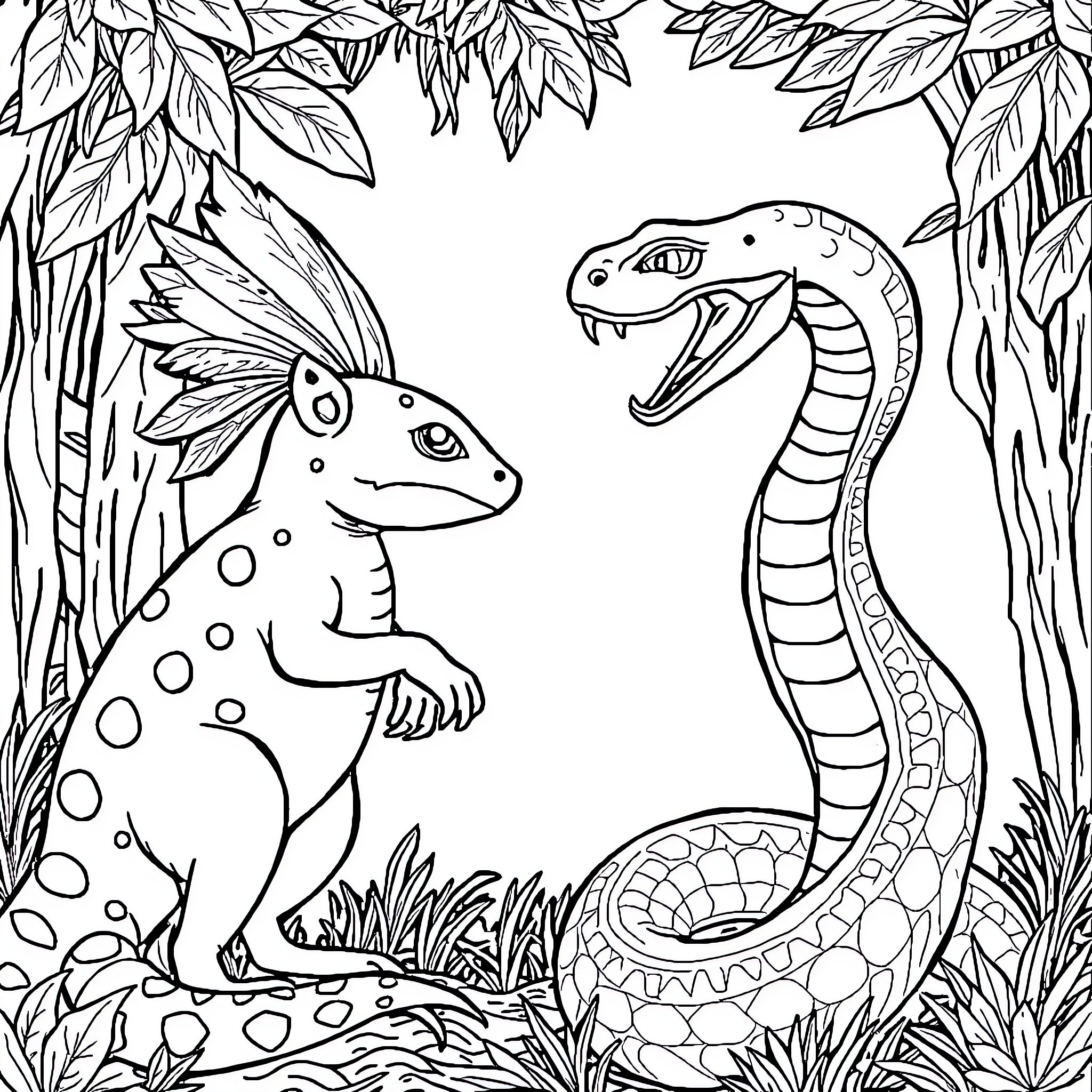 Musang Encounters Mighty Serpent in Verdant Forest Coloring Page (free black-and-white line drawing printable PDF for all, from beginners to advanced learners, including children, teens, adults, and seniors)