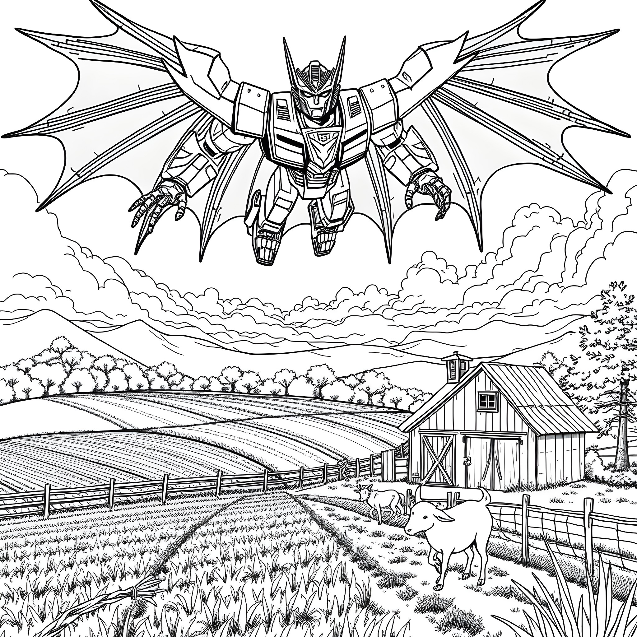 Megatron's Aerial Dominance Over the Pastoral Landscape Coloring Page (free black-and-white line drawing printable PDF for all, from beginners to advanced learners, including children, teens, adults, and seniors)