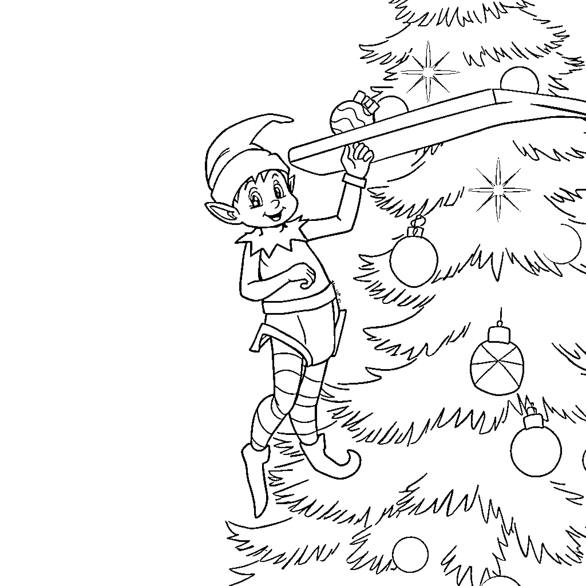 Elf decorating a festive Christmas tree Coloring Page (free black-and-white line drawing printable PDF for all, from beginners to advanced learners, including children, teens, adults, and seniors)