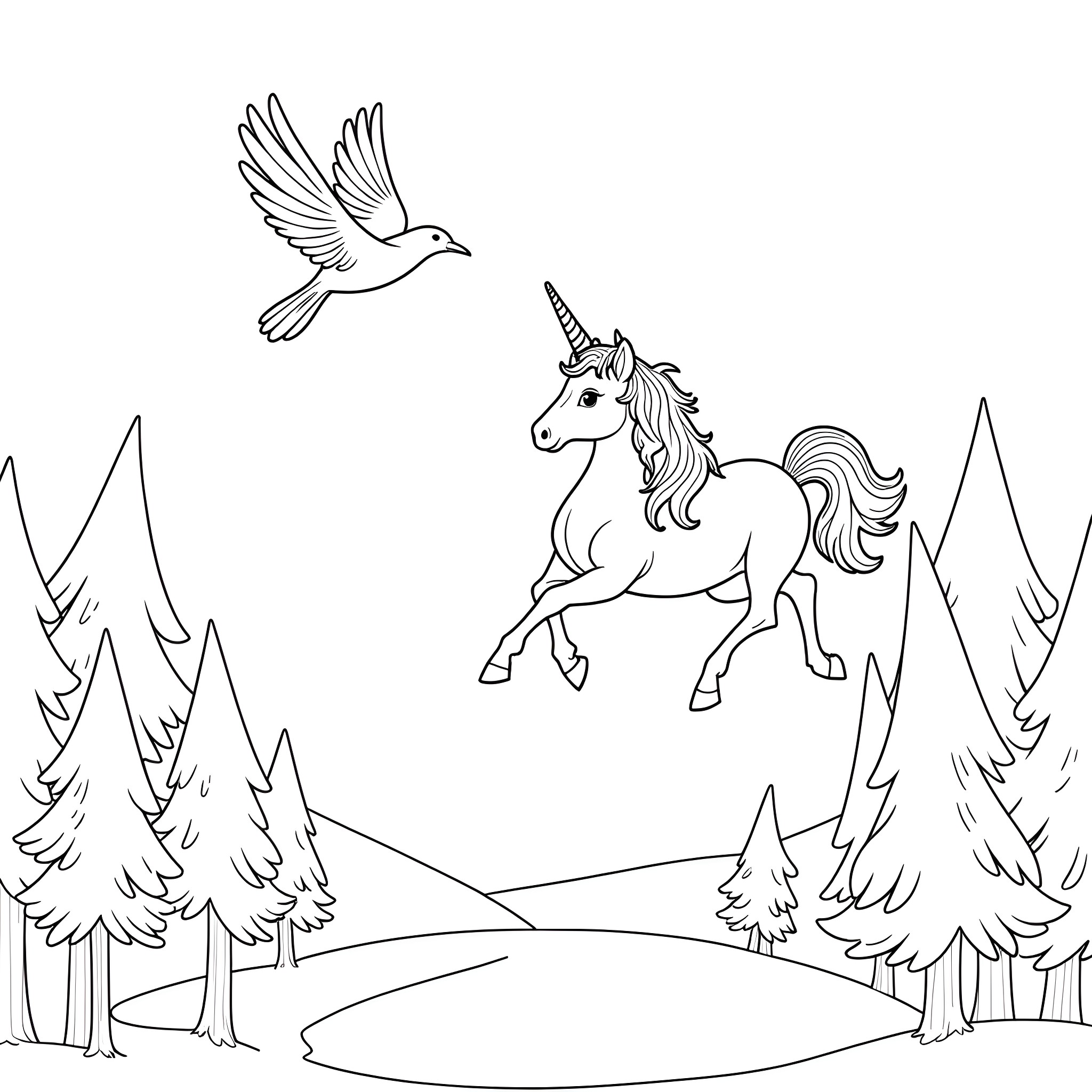 Unicorn running through the enchanted forest with a dove Coloring Page (free black-and-white line drawing printable PDF for all, from beginners to advanced learners, including children, teens, adults, and seniors)