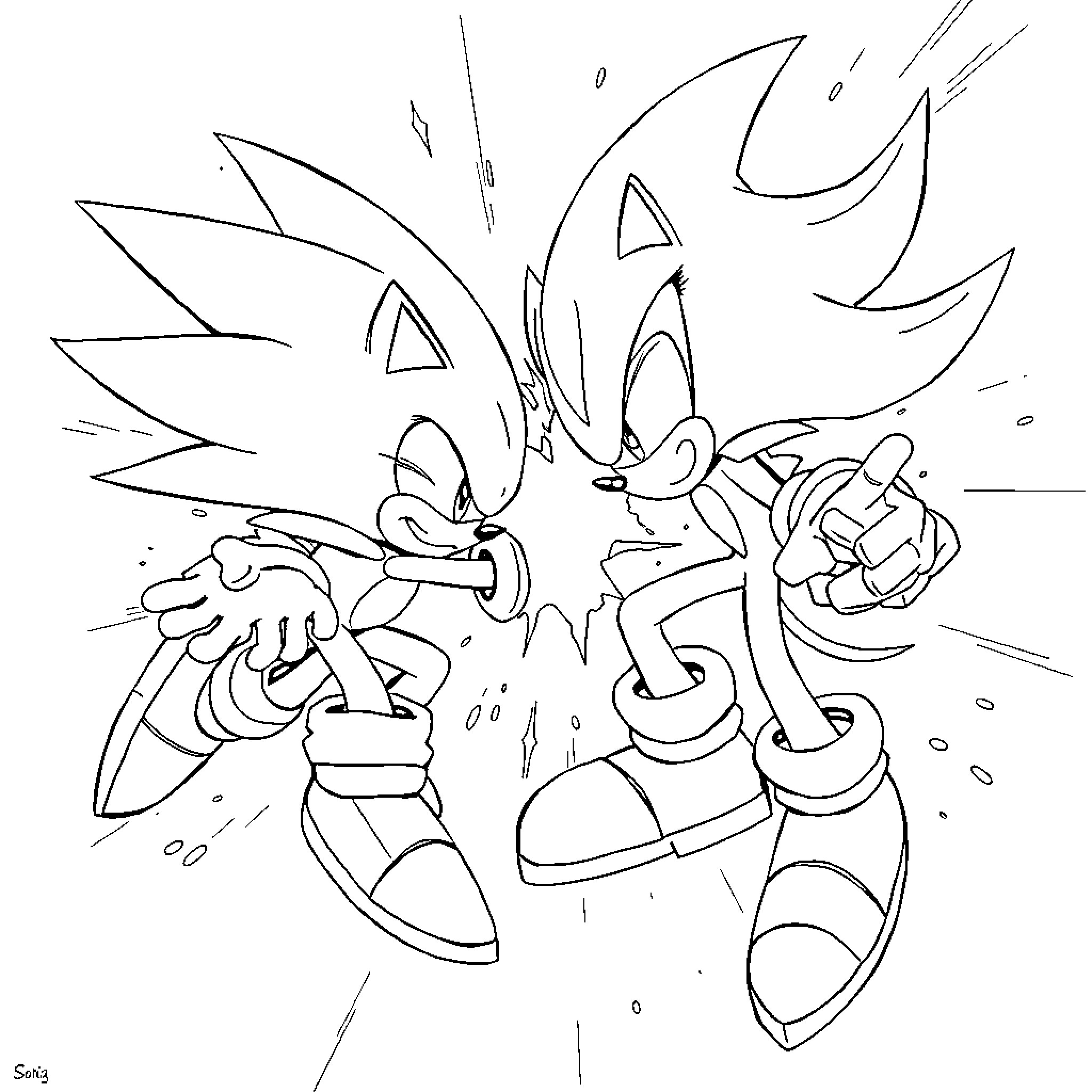 Sonic engaging in dynamic action Coloring Page (free black-and-white line drawing printable PDF for all, from beginners to advanced learners, including children, teens, adults, and seniors)