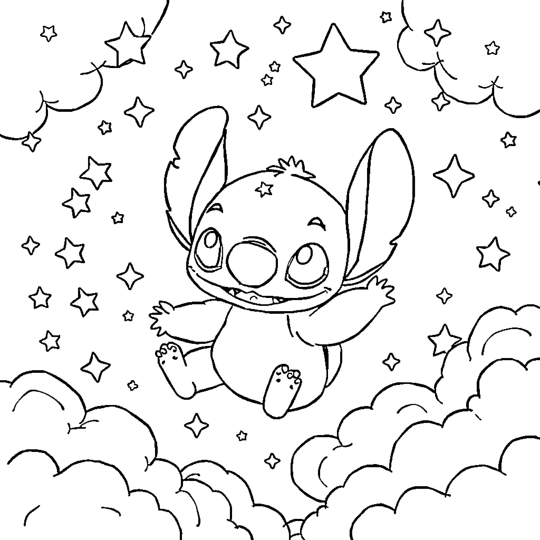 Stitch among the stars and clouds Coloring Page (free black-and-white line drawing printable PDF for all, from beginners to advanced learners, including children, teens, adults, and seniors)