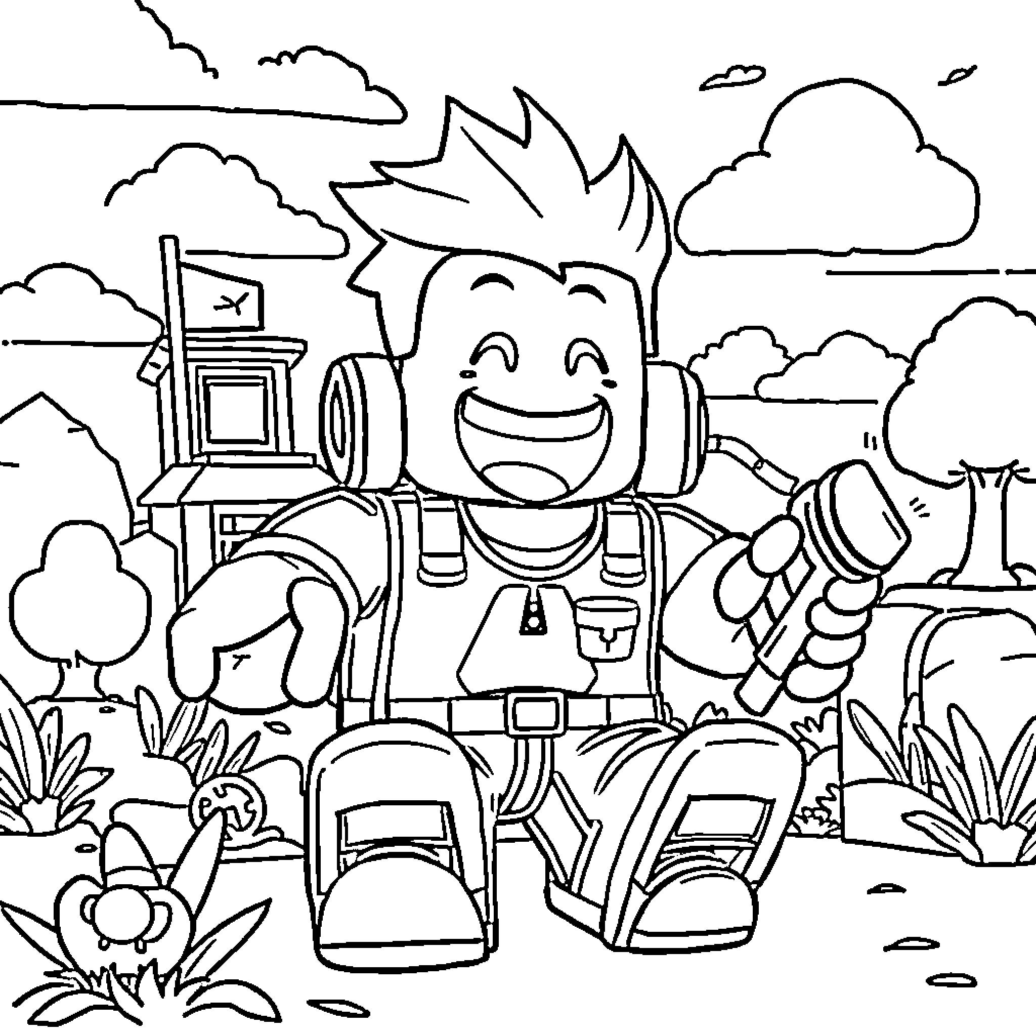 Youtuber happily exploring the outdoors Coloring Page (free black-and-white line drawing printable PDF for all, from beginners to advanced learners, including children, teens, adults, and seniors)