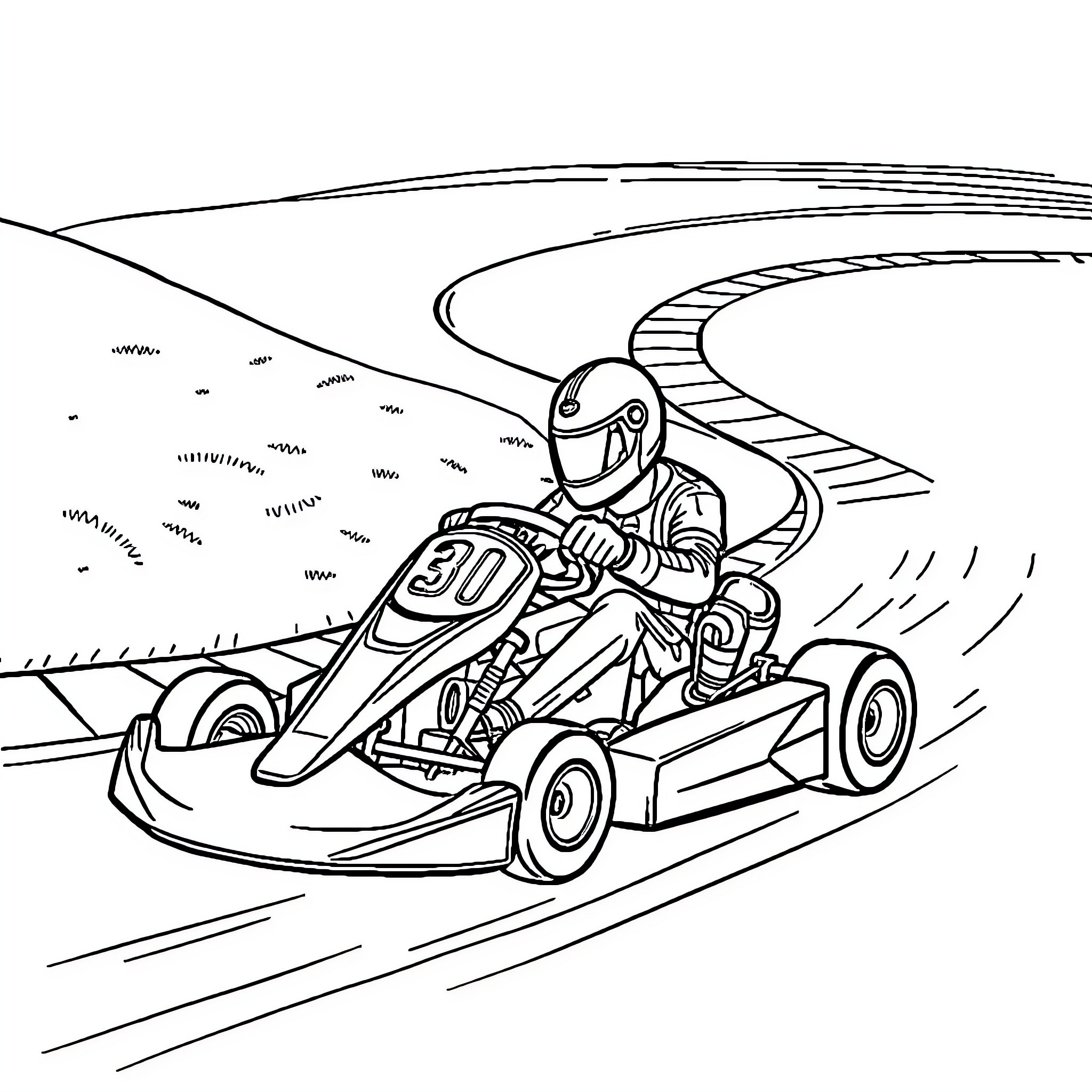 Go Kart Racer Navigating Winding Track Coloring Page (free black-and-white line drawing printable PDF for all, from beginners to advanced learners, including children, teens, adults, and seniors)