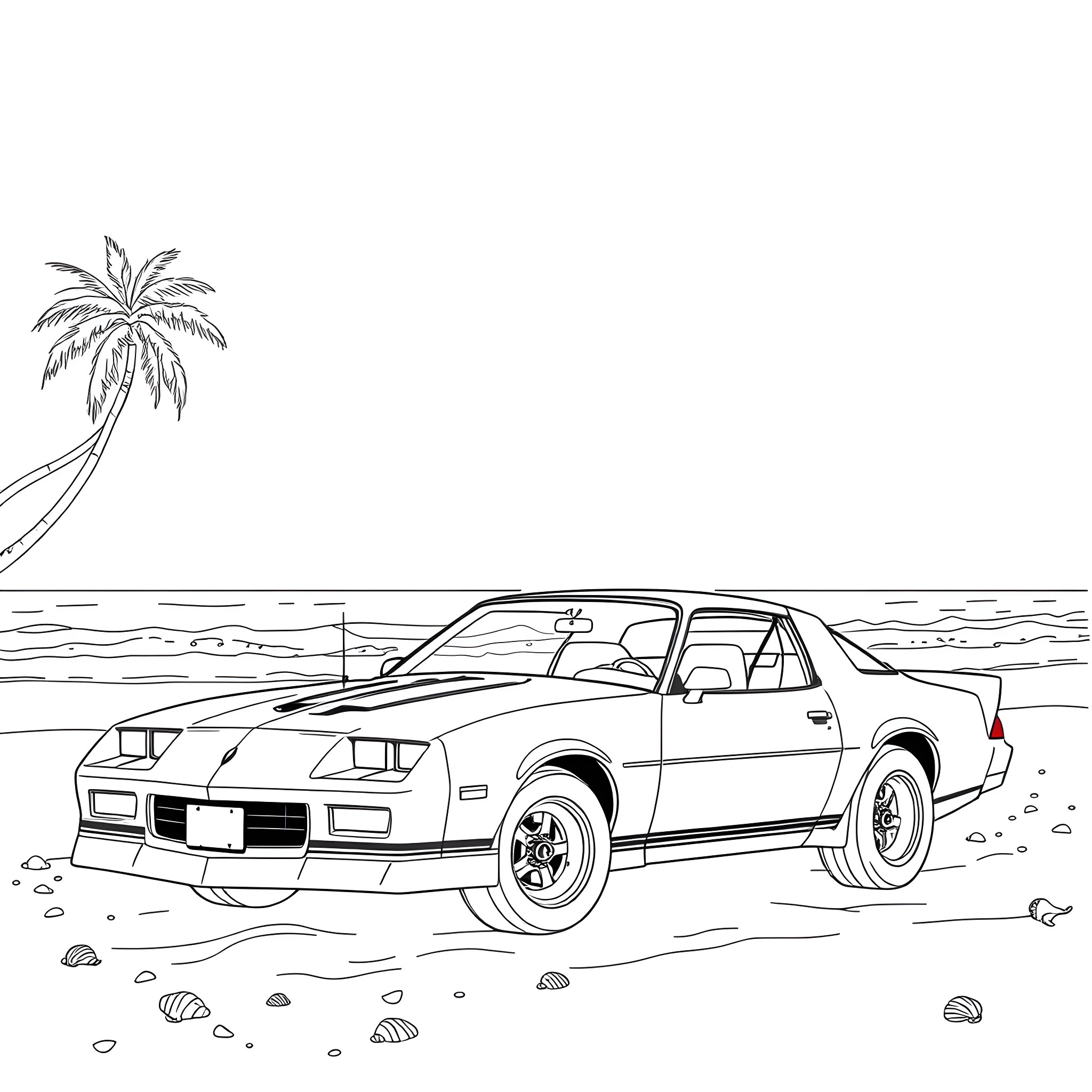 Camaro on the beach under palm trees Coloring Page (free black-and-white line drawing printable PDF for all, from beginners to advanced learners, including children, teens, adults, and seniors)