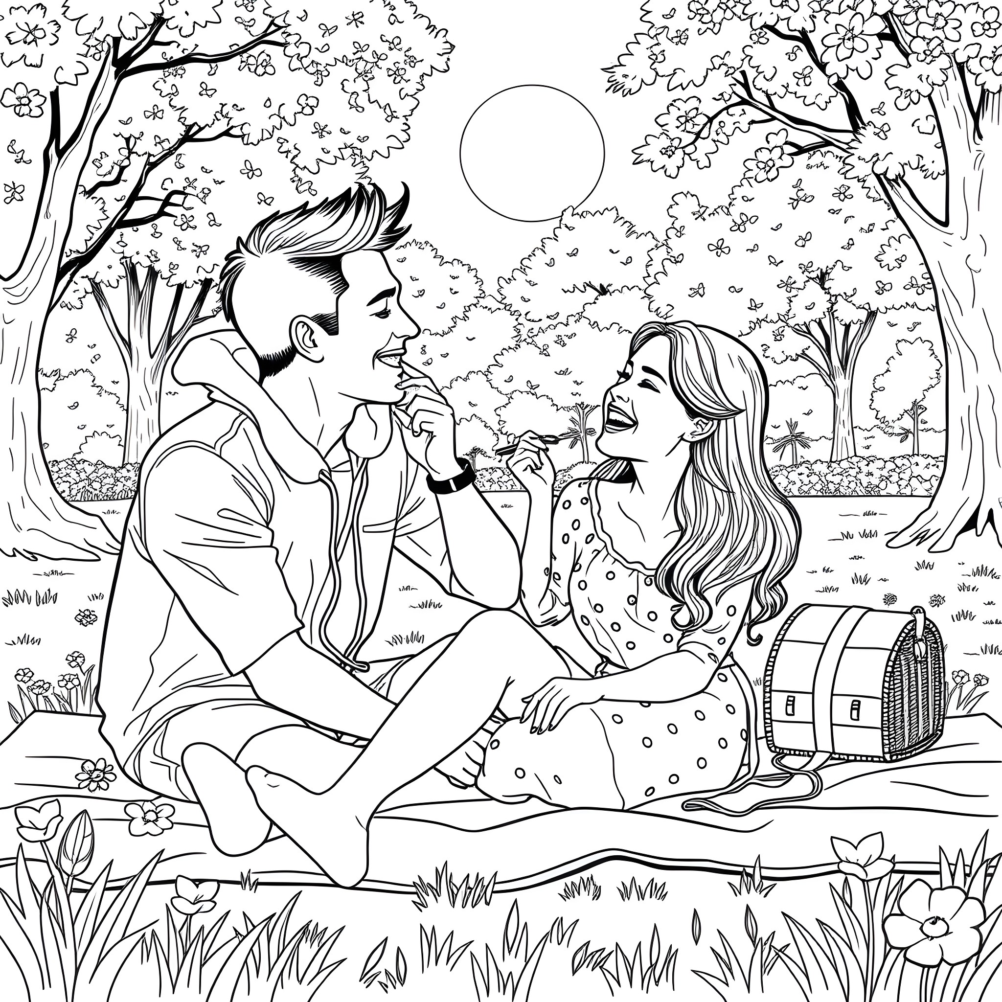 Man and woman enjoying a romantic picnic in the park Coloring Page (free black-and-white line drawing printable PDF for all, from beginners to advanced learners, including children, teens, adults, and seniors)