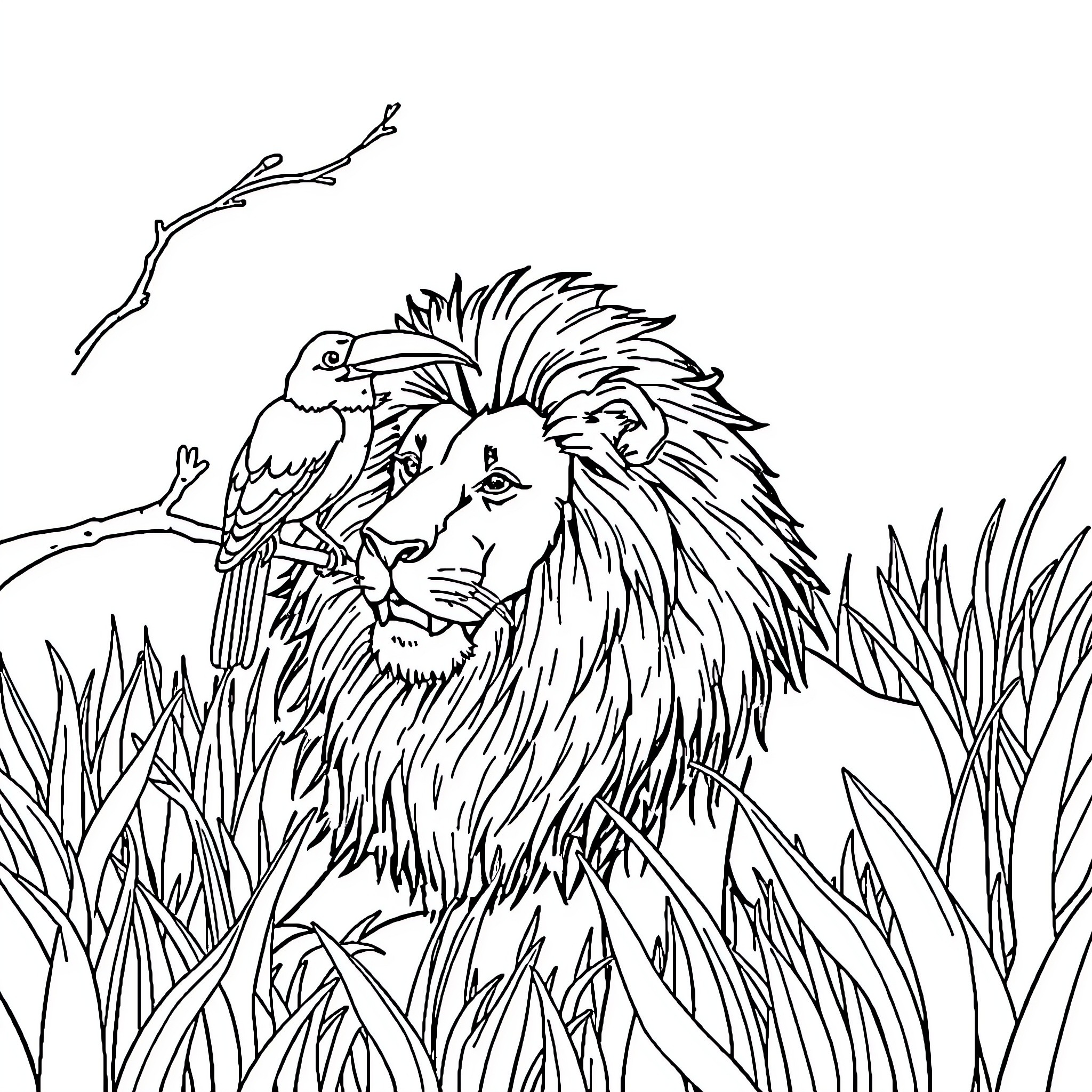 Bird perched on regal lion in wild grassland Coloring Page (free black-and-white line drawing printable PDF for all, from beginners to advanced learners, including children, teens, adults, and seniors)