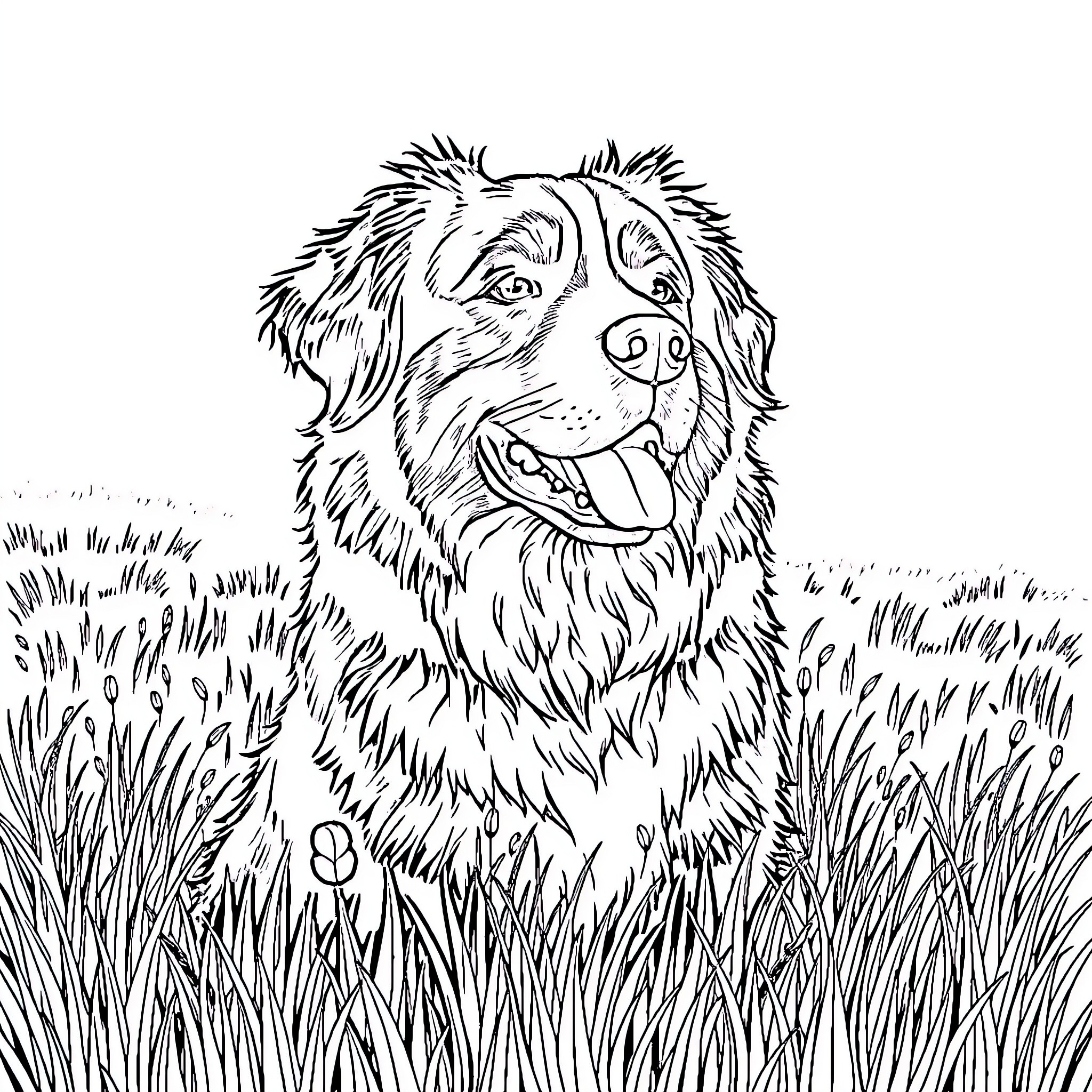 Bernese Mountain Dog enjoying the outdoors Coloring Page (free black-and-white line drawing printable PDF for all, from beginners to advanced learners, including children, teens, adults, and seniors)