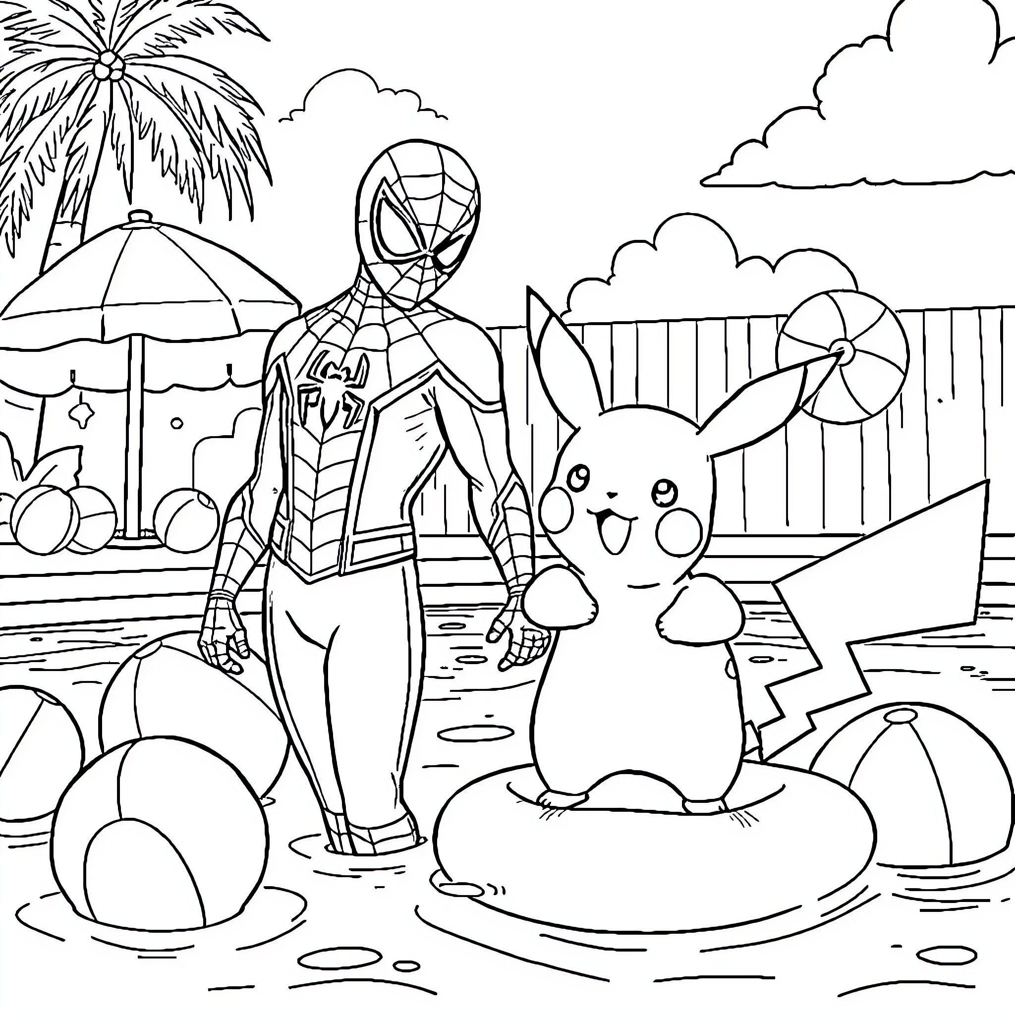 Spiderman and Pikachu explore the beach together Coloring Page (free black-and-white line drawing printable PDF for all, from beginners to advanced learners, including children, teens, adults, and seniors)