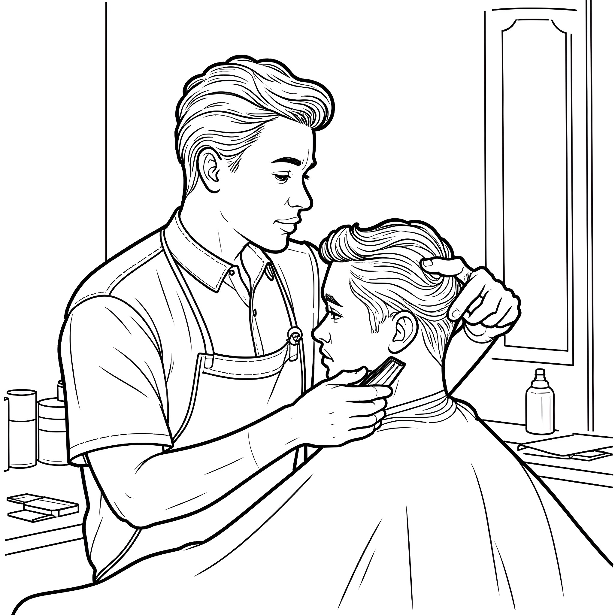 Barber trimming client's hair in the salon Coloring Page (free black-and-white line drawing printable PDF for all, from beginners to advanced learners, including children, teens, adults, and seniors)