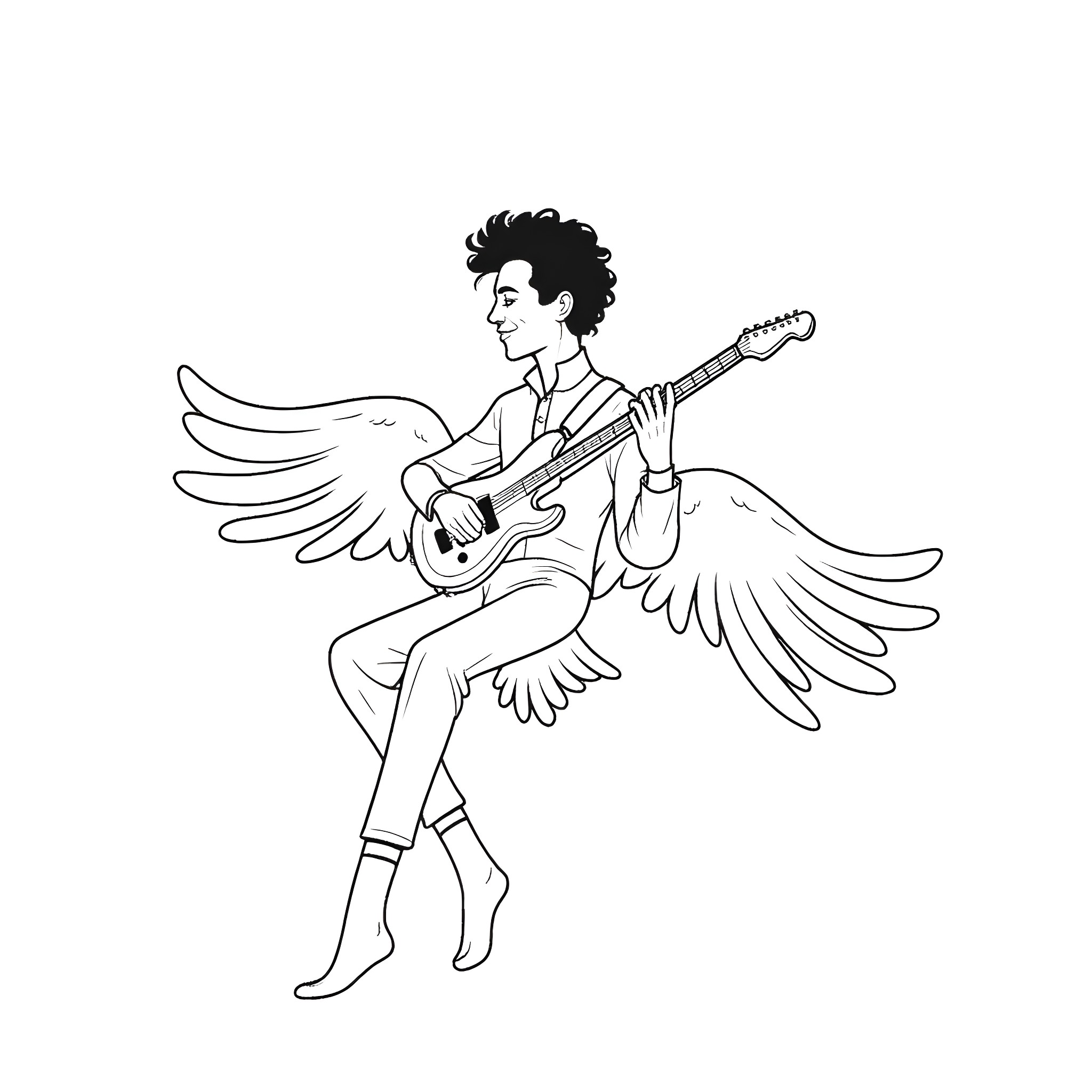 Prince playing guitar with angelic wings Coloring Page (free black-and-white line drawing printable PDF for all, from beginners to advanced learners, including children, teens, adults, and seniors)