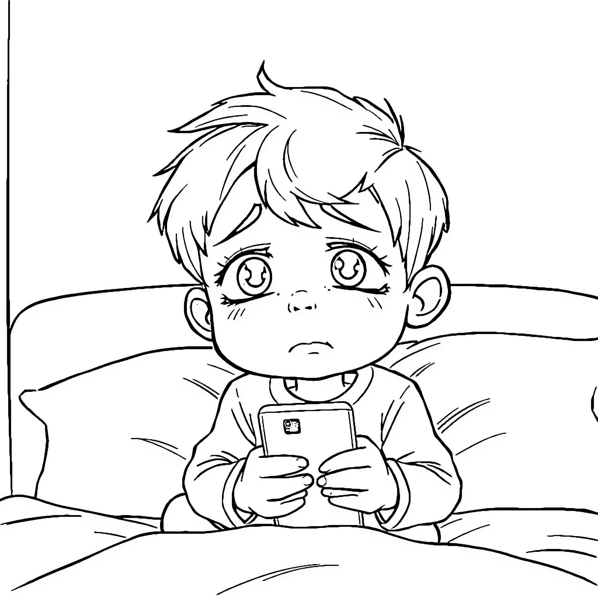 Boy playing with smartphone on bed Coloring Page (free black-and-white line drawing printable PDF for all, from beginners to advanced learners, including children, teens, adults, and seniors)