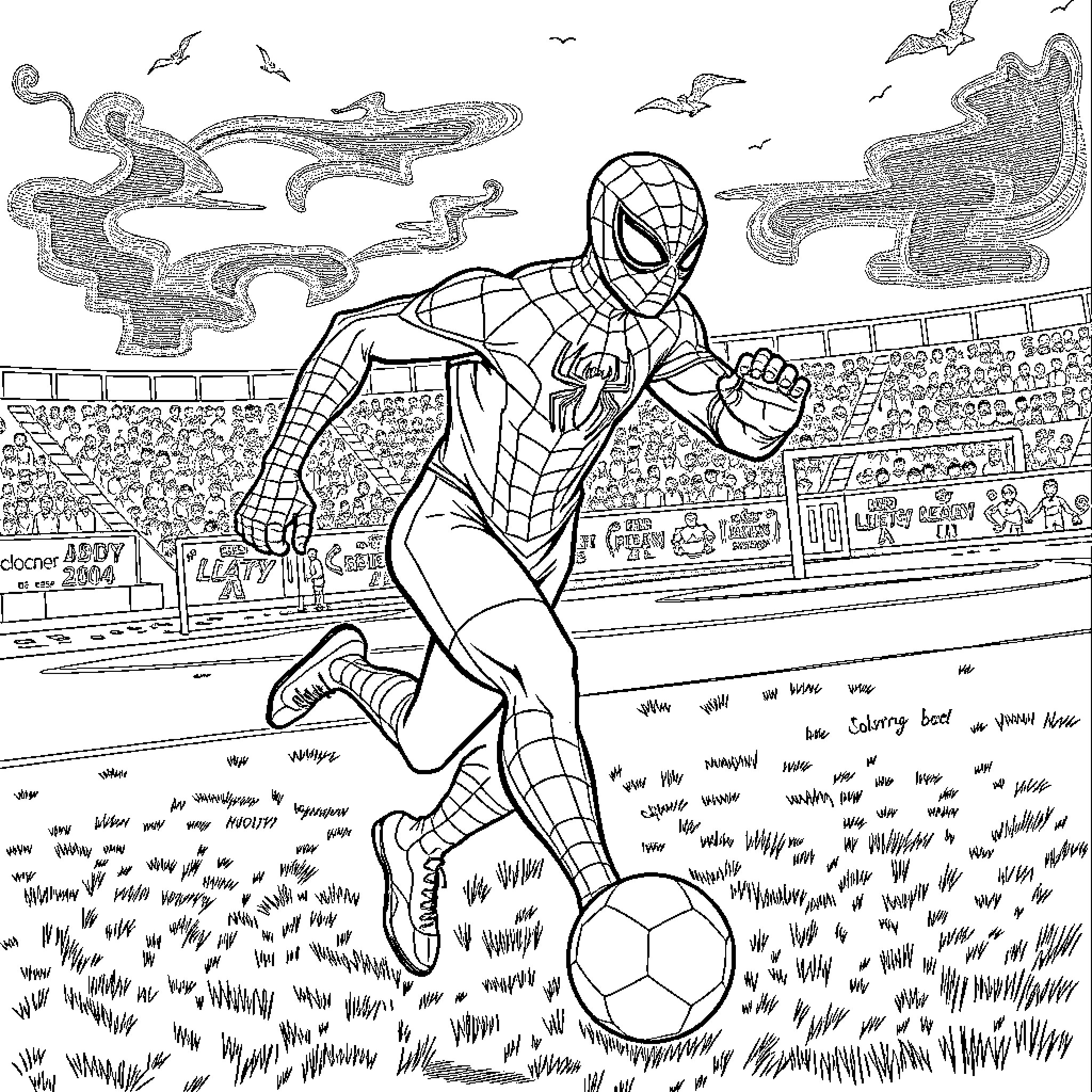Spiderman playing soccer in a crowded stadium Coloring Page (free black-and-white line drawing printable PDF for all, from beginners to advanced learners, including children, teens, adults, and seniors)