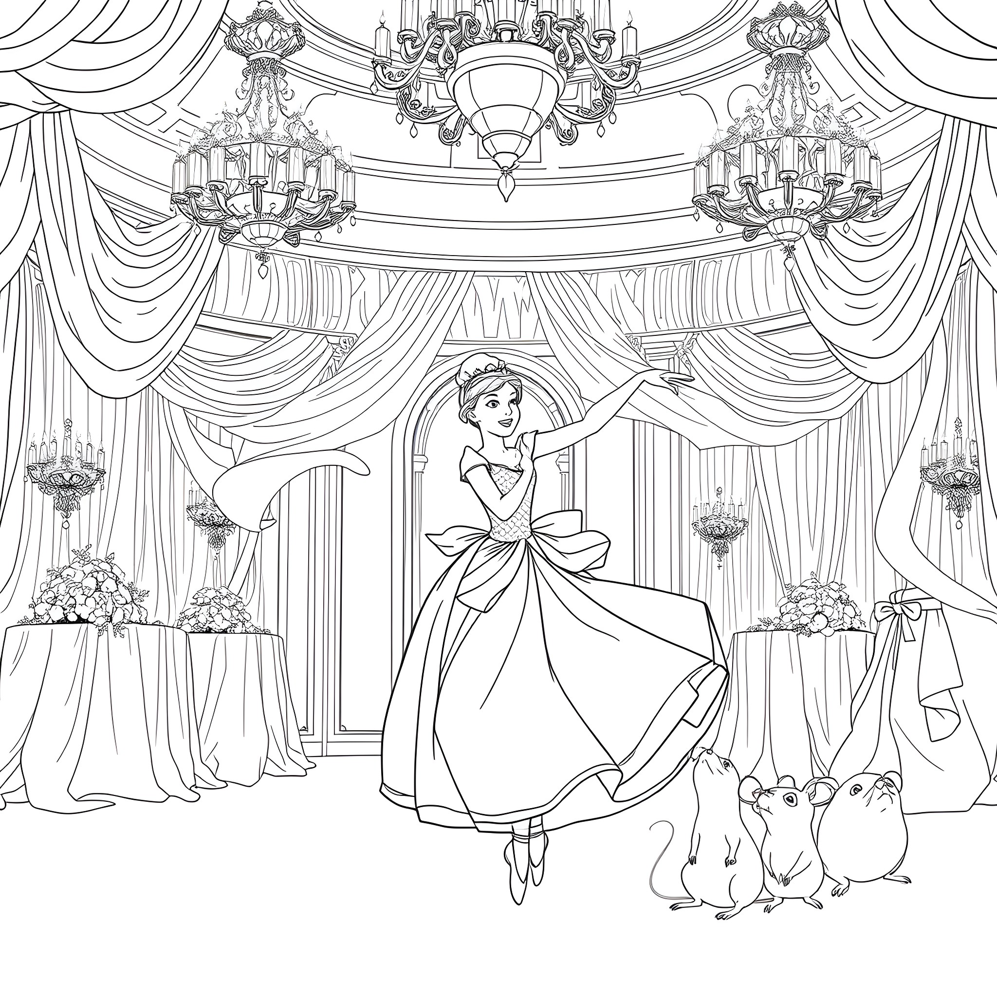 Cinderella's Magical Ballroom Transformation Coloring Page (free black-and-white line drawing printable PDF for all, from beginners to advanced learners, including children, teens, adults, and seniors)