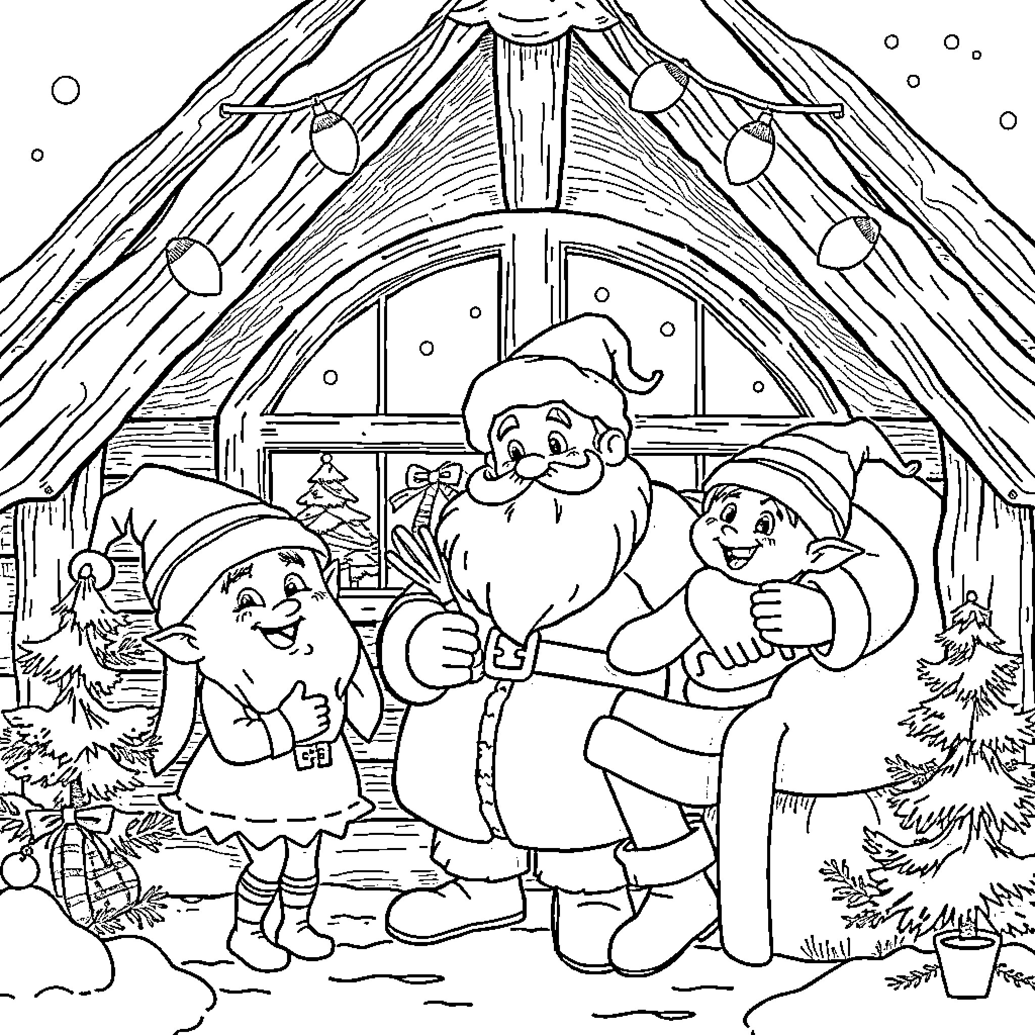 Santa Claus and Elves Celebrating the Holiday Season Coloring Page (free black-and-white line drawing printable PDF for all, from beginners to advanced learners, including children, teens, adults, and seniors)