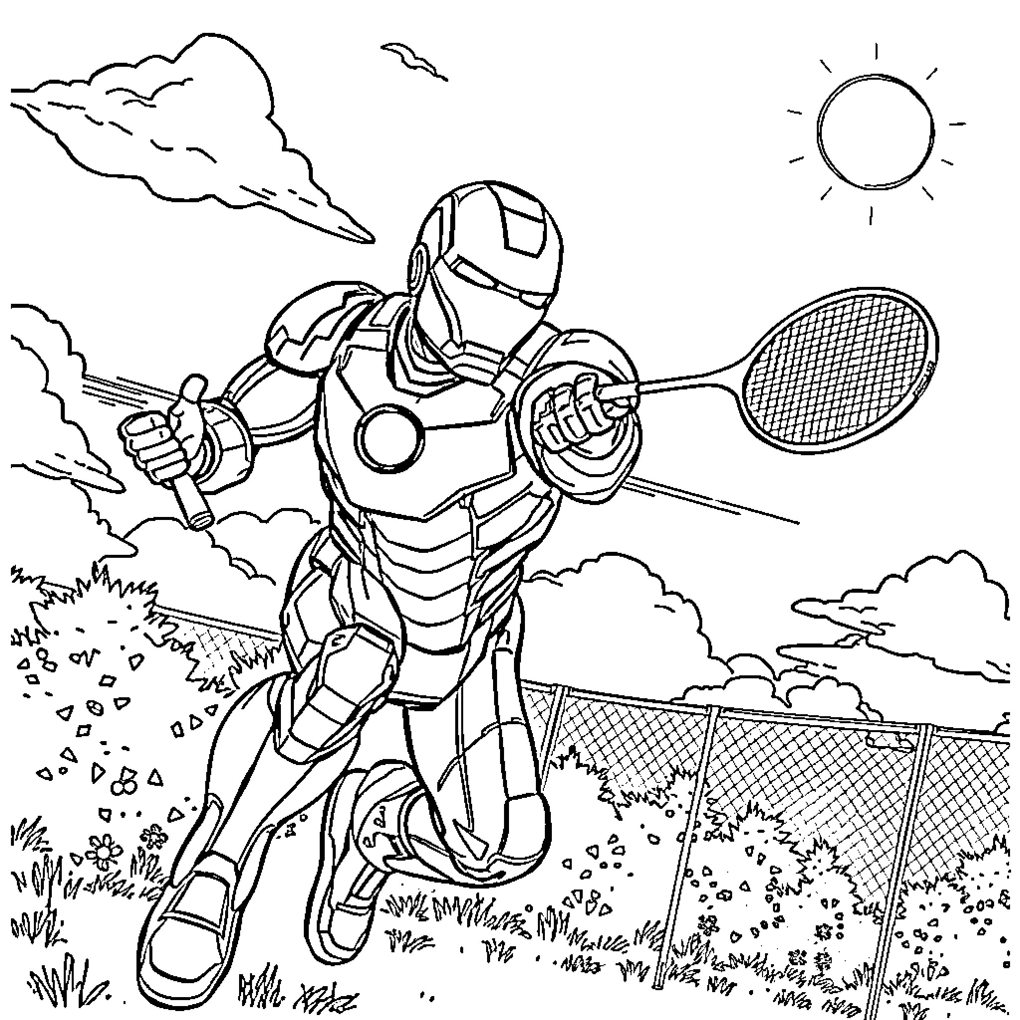 Ironman playing tennis in the park Coloring Page (free black-and-white line drawing printable PDF for all, from beginners to advanced learners, including children, teens, adults, and seniors)