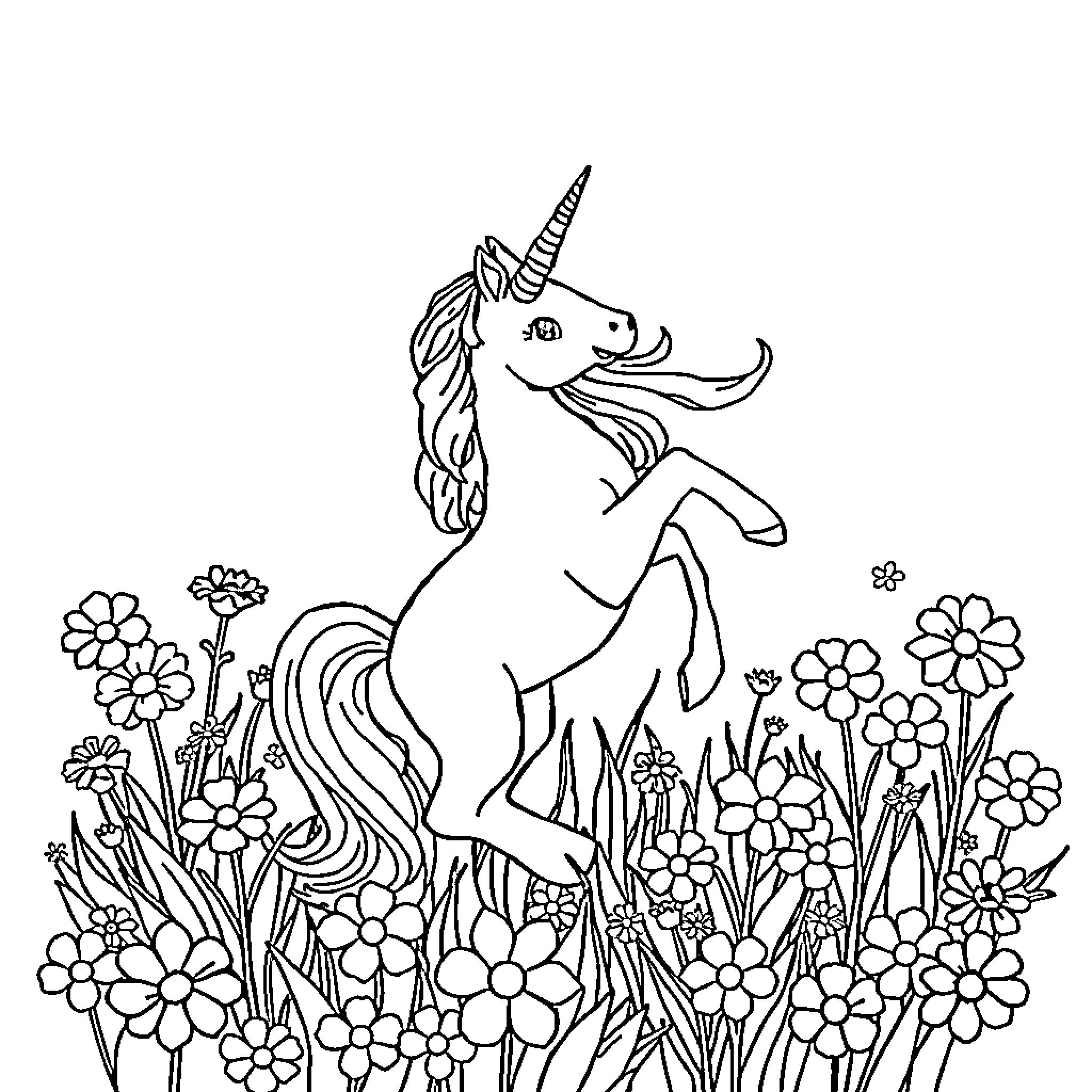 Unicorn frolicking in a field of flowers Coloring Page (free black-and-white line drawing printable PDF for all, from beginners to advanced learners, including children, teens, adults, and seniors)