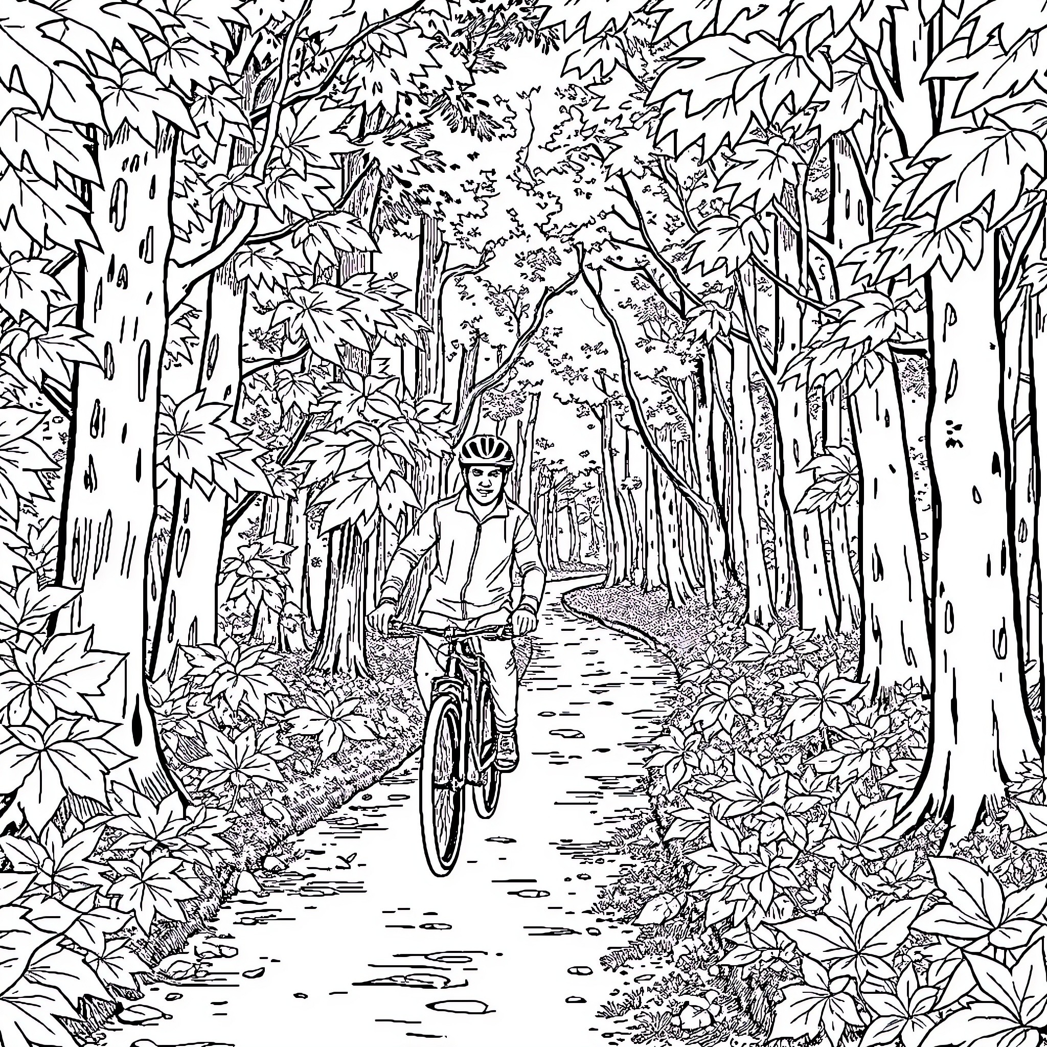 Young Man Riding Bicycle Through Lush Forest Coloring Page (free black-and-white line drawing printable PDF for all, from beginners to advanced learners, including children, teens, adults, and seniors)