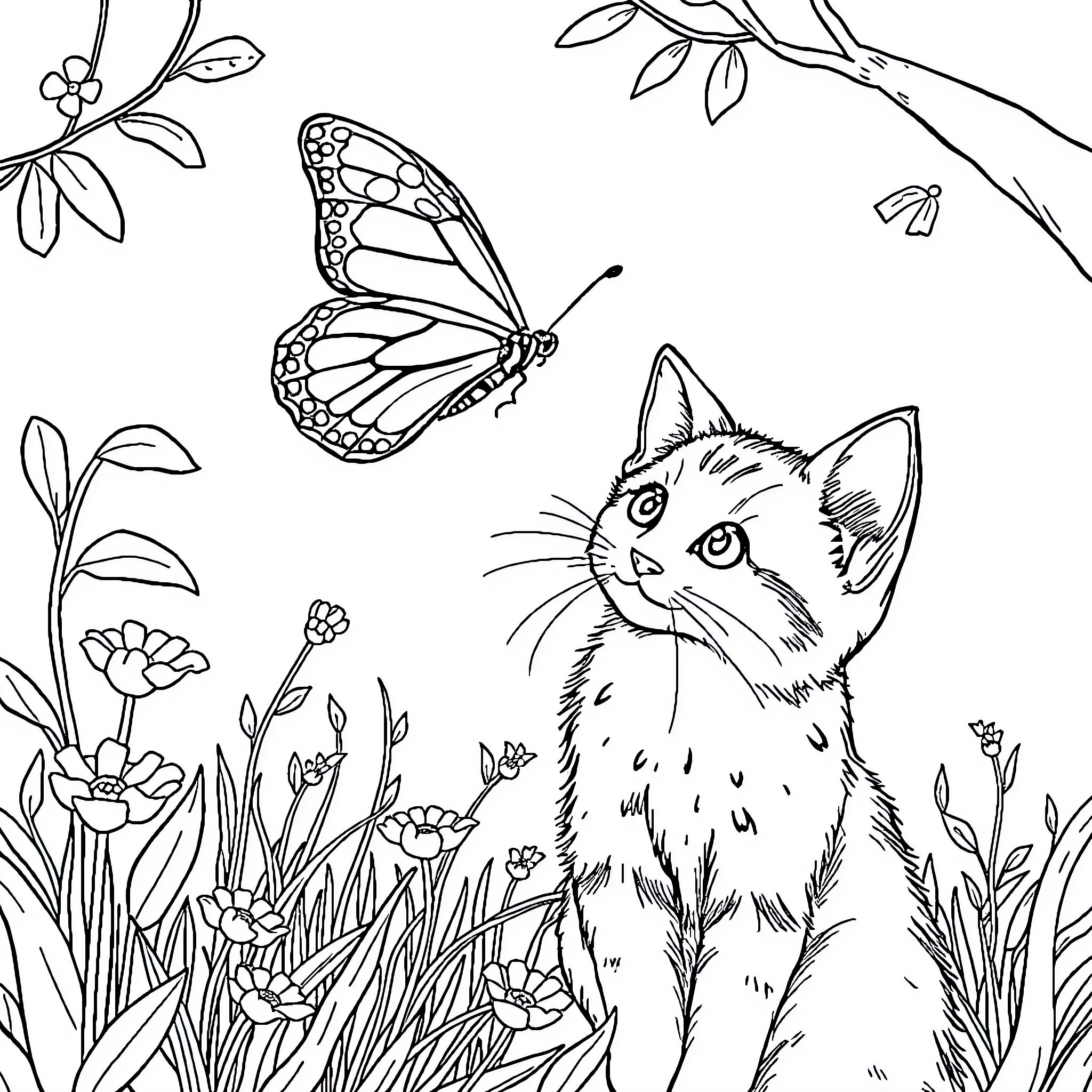 Butterfly and Kitten in Spring Meadow Coloring Page (free black-and-white line drawing printable PDF for all, from beginners to advanced learners, including children, teens, adults, and seniors)