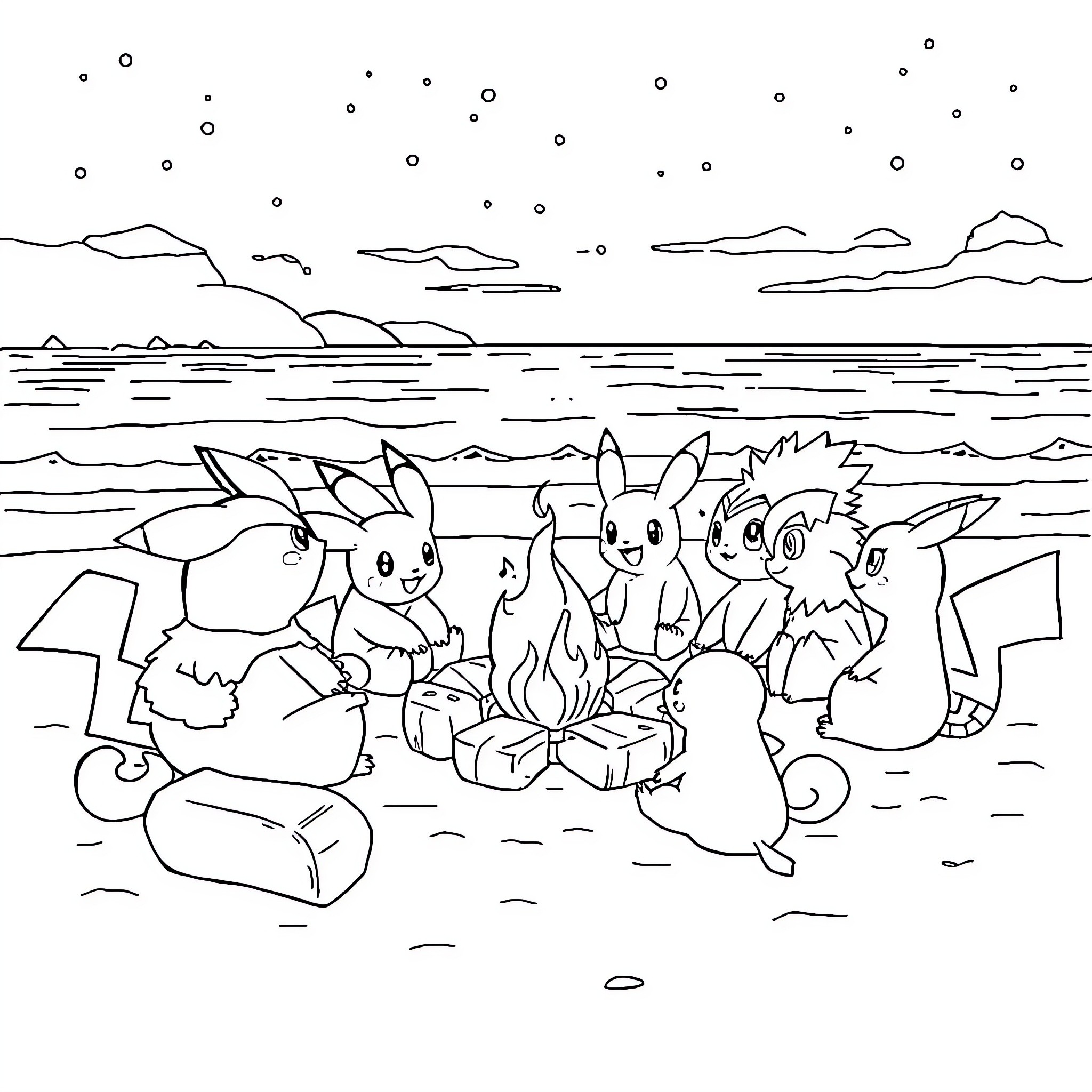 Pokémon enjoying a campfire on the beach Coloring Page (free black-and-white line drawing printable PDF for all, from beginners to advanced learners, including children, teens, adults, and seniors)