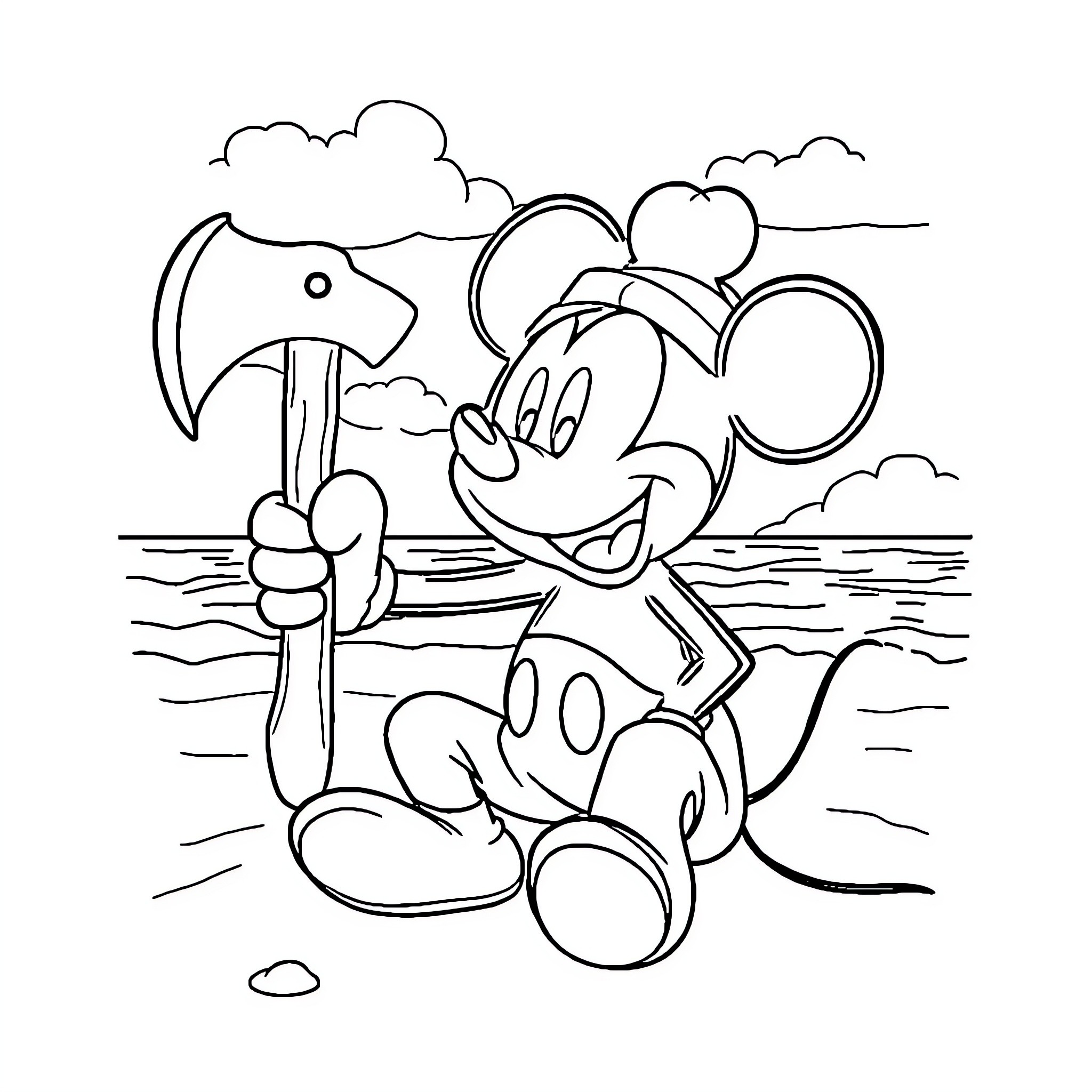 Mickey Mouse enjoying a day at the beach Coloring Page (free black-and-white line drawing printable PDF for all, from beginners to advanced learners, including children, teens, adults, and seniors)