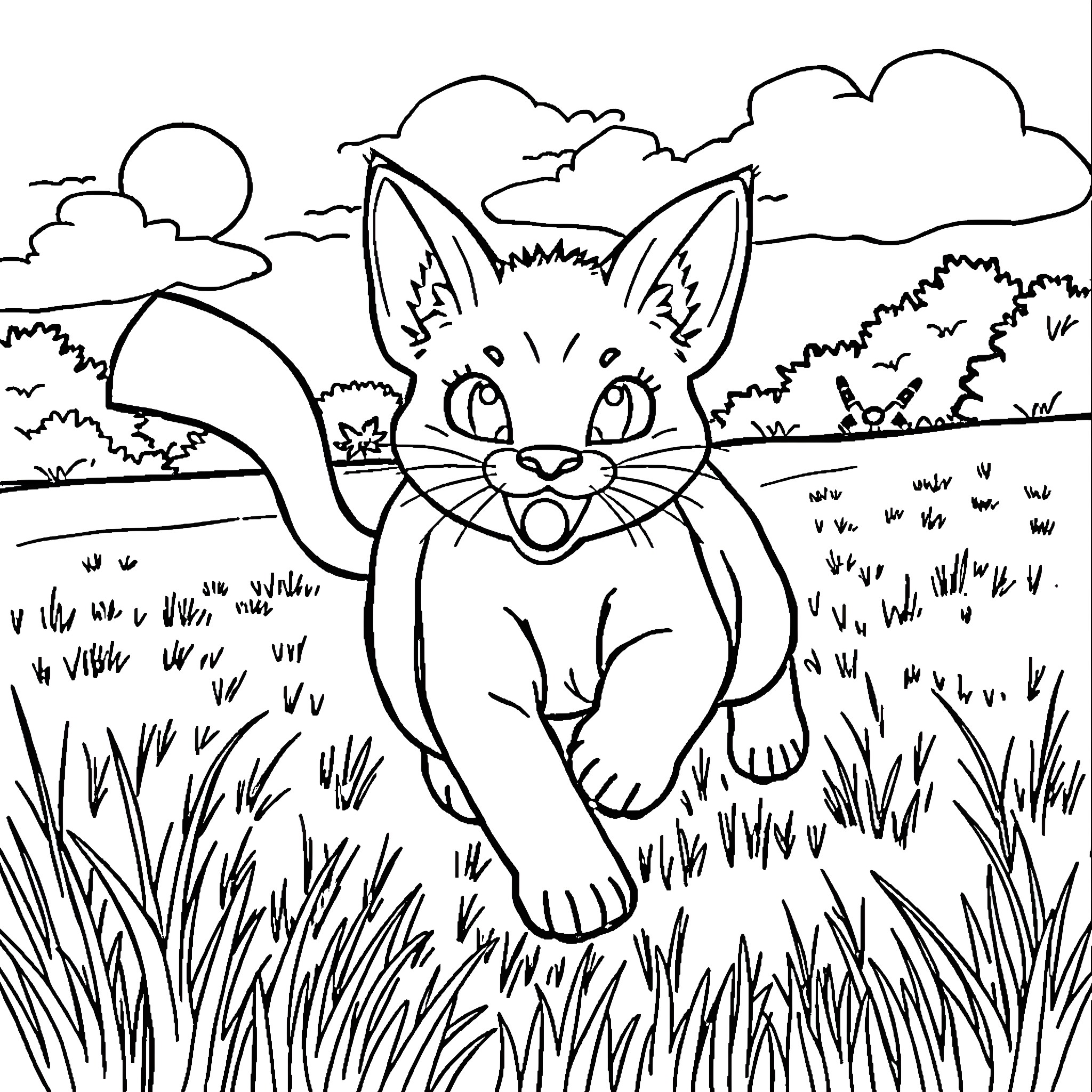 Puma Pikachu explores the serene countryside Coloring Page (free black-and-white line drawing printable PDF for all, from beginners to advanced learners, including children, teens, adults, and seniors)