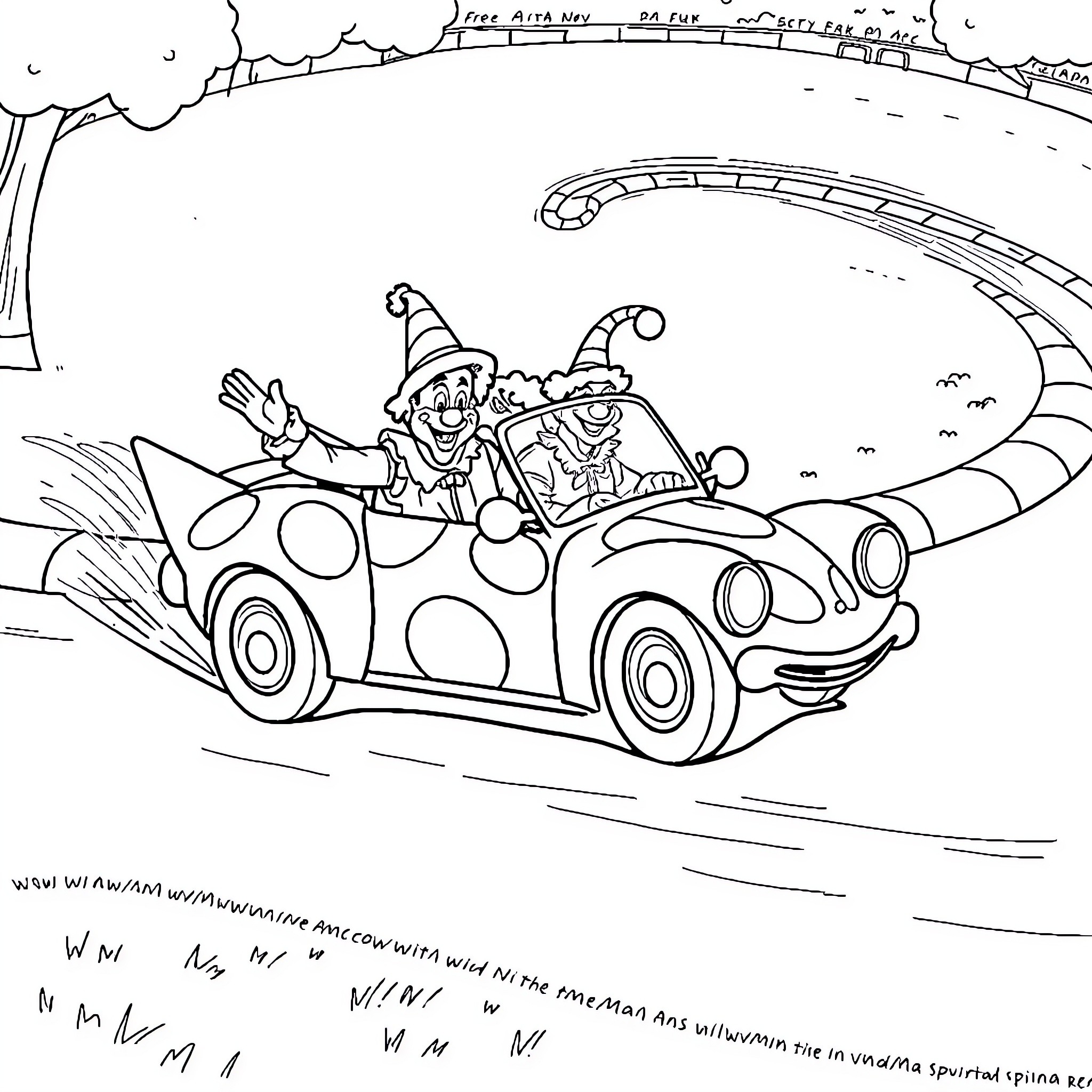 Clown Car Packed with Comical Characters on Amusement Ride Coloring Page (free black-and-white line drawing printable PDF for all, from beginners to advanced learners, including children, teens, adults, and seniors)