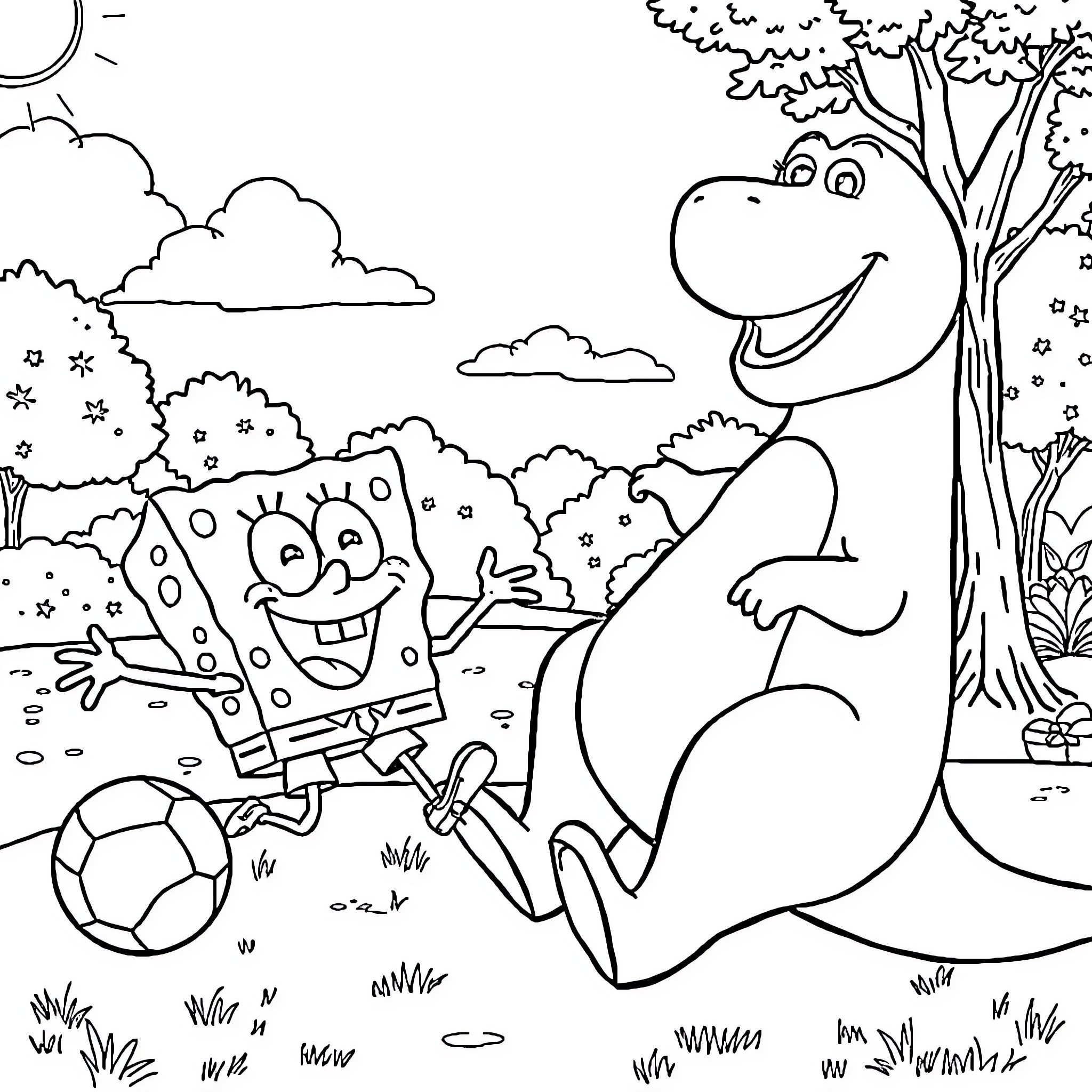 Barney and SpongeBob playing soccer in the park Coloring Page (free black-and-white line drawing printable PDF for all, from beginners to advanced learners, including children, teens, adults, and seniors)