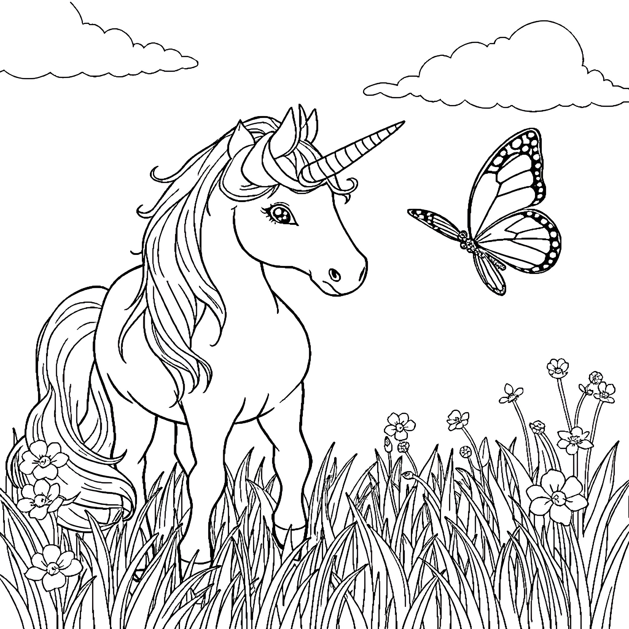 Unicorn grazing in a floral meadow with butterflies Coloring Page (free black-and-white line drawing printable PDF for all, from beginners to advanced learners, including children, teens, adults, and seniors)