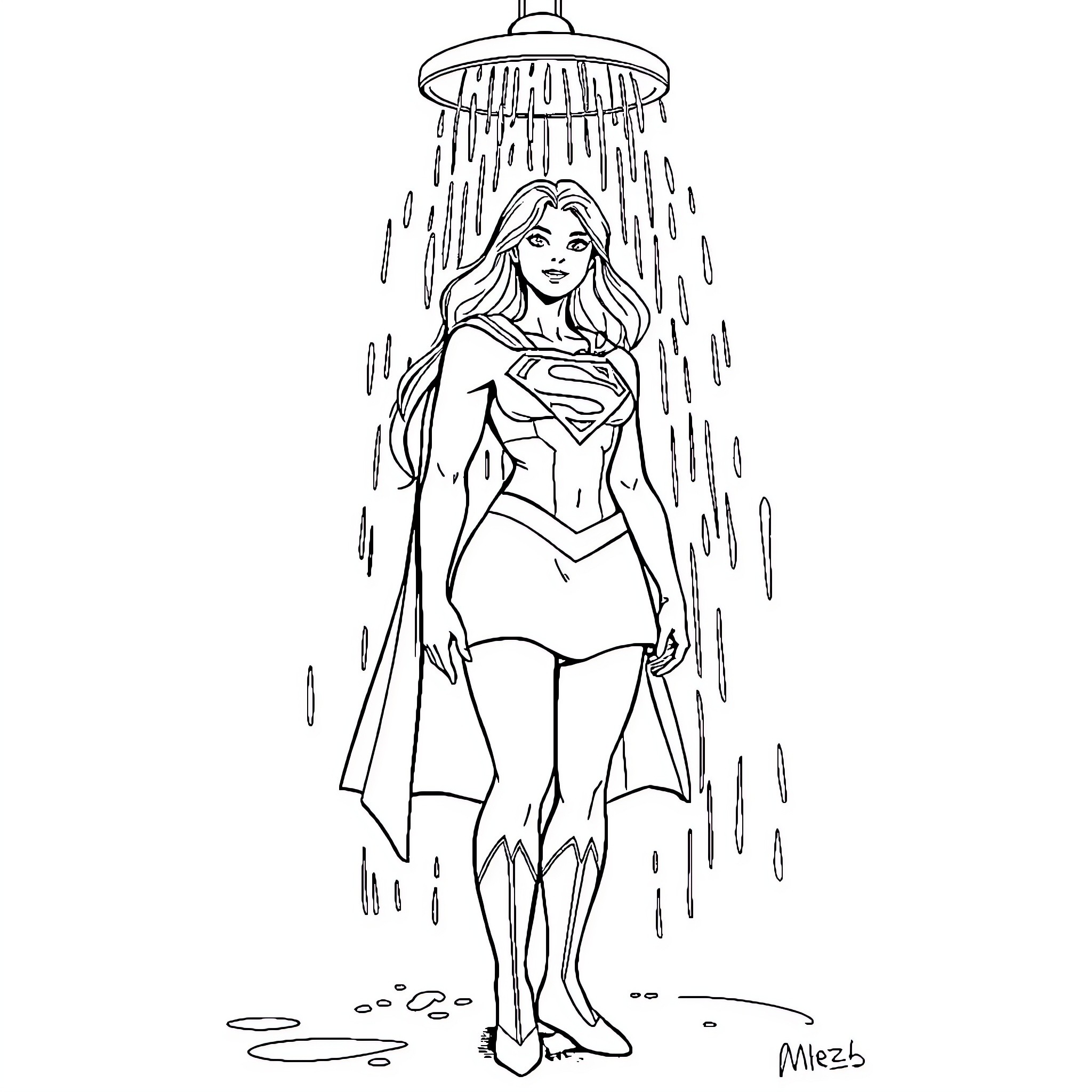 Supergirl enjoying a refreshing shower Coloring Page (free black-and-white line drawing printable PDF for all, from beginners to advanced learners, including children, teens, adults, and seniors)