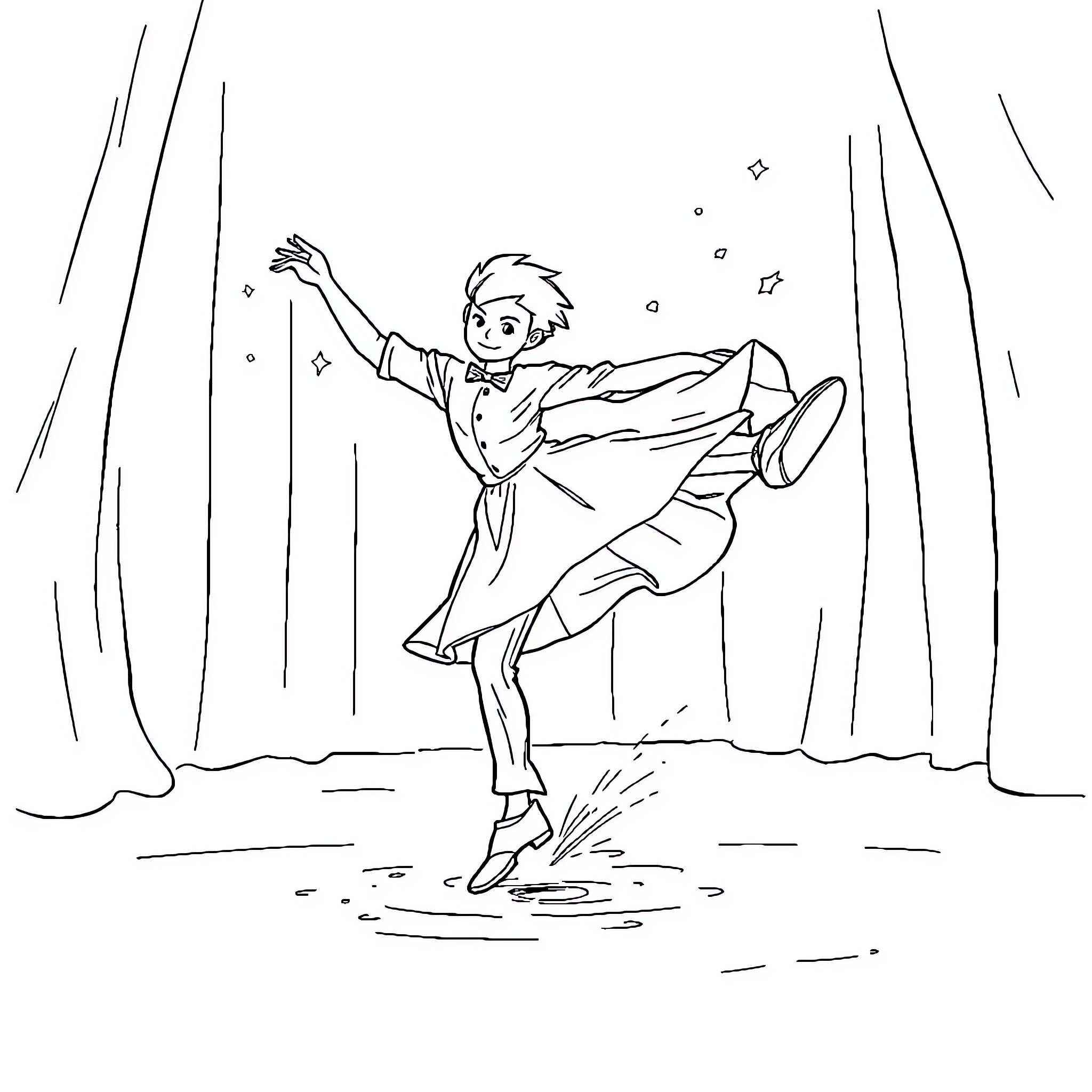 Dancer leaping gracefully in performance Coloring Page (free black-and-white line drawing printable PDF for all, from beginners to advanced learners, including children, teens, adults, and seniors)