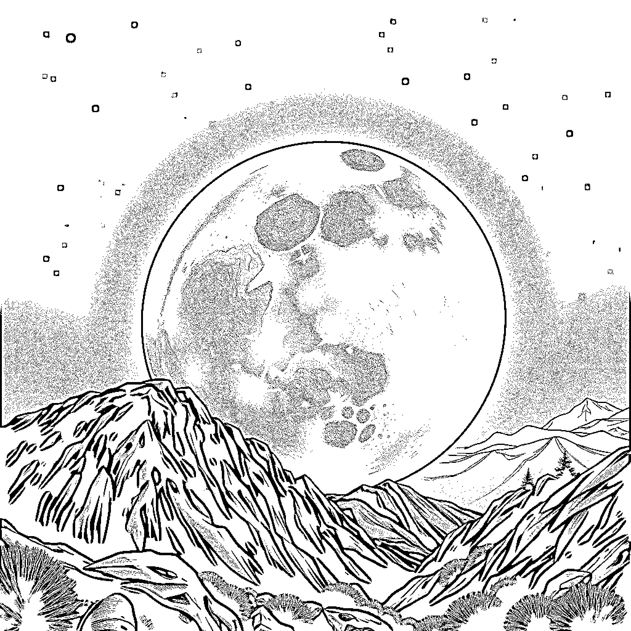 Glurak's cosmic landscape with mountains and moon Coloring Page (free black-and-white line drawing printable PDF for all, from beginners to advanced learners, including children, teens, adults, and seniors)