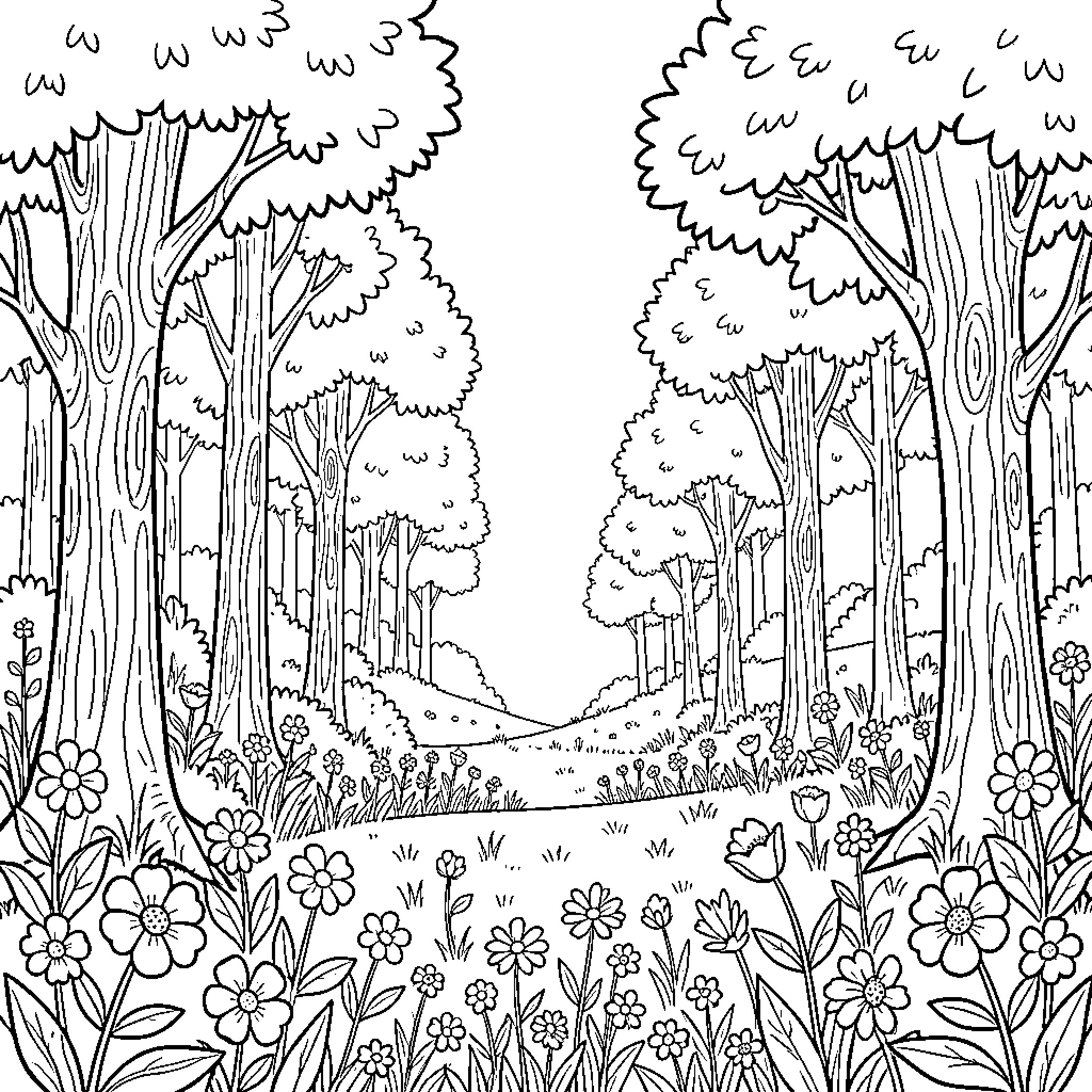 Nature's Enchanting Forest Landscape Coloring Page (free black-and-white line drawing printable PDF for all, from beginners to advanced learners, including children, teens, adults, and seniors)