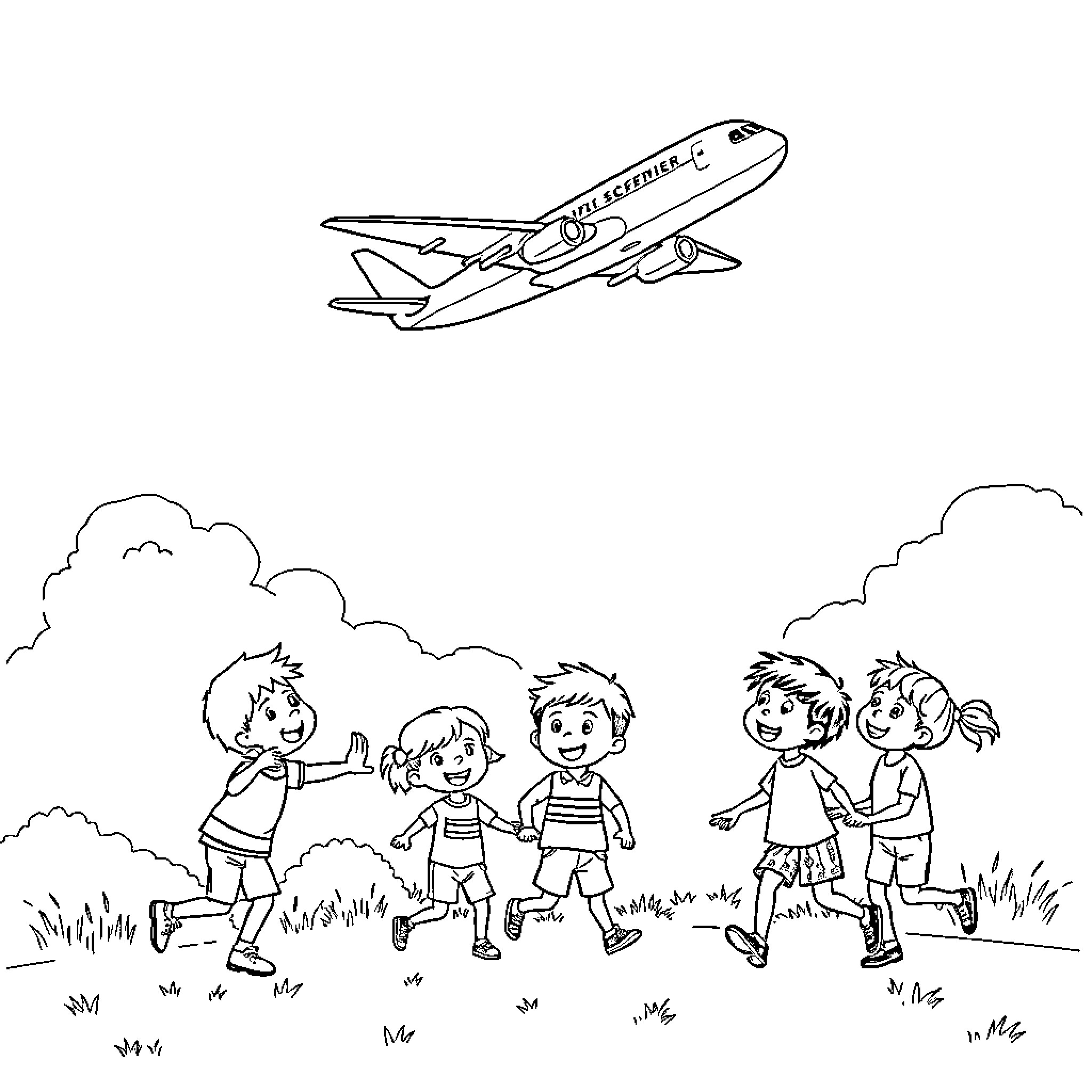 Airplane flying high above children playing in the park Coloring Page (free black-and-white line drawing printable PDF for all, from beginners to advanced learners, including children, teens, adults, and seniors)