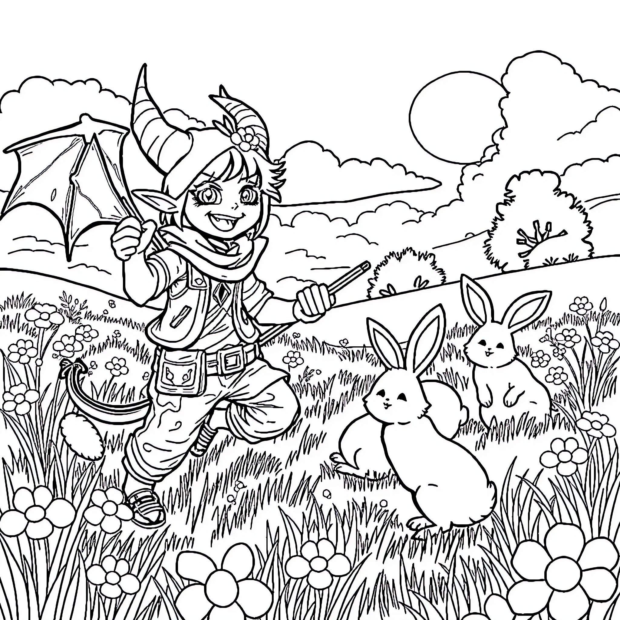 Demon Hunter Exploring Enchanted Forest with Rabbit Companions Coloring Page (free black-and-white line drawing printable PDF for all, from beginners to advanced learners, including children, teens, adults, and seniors)