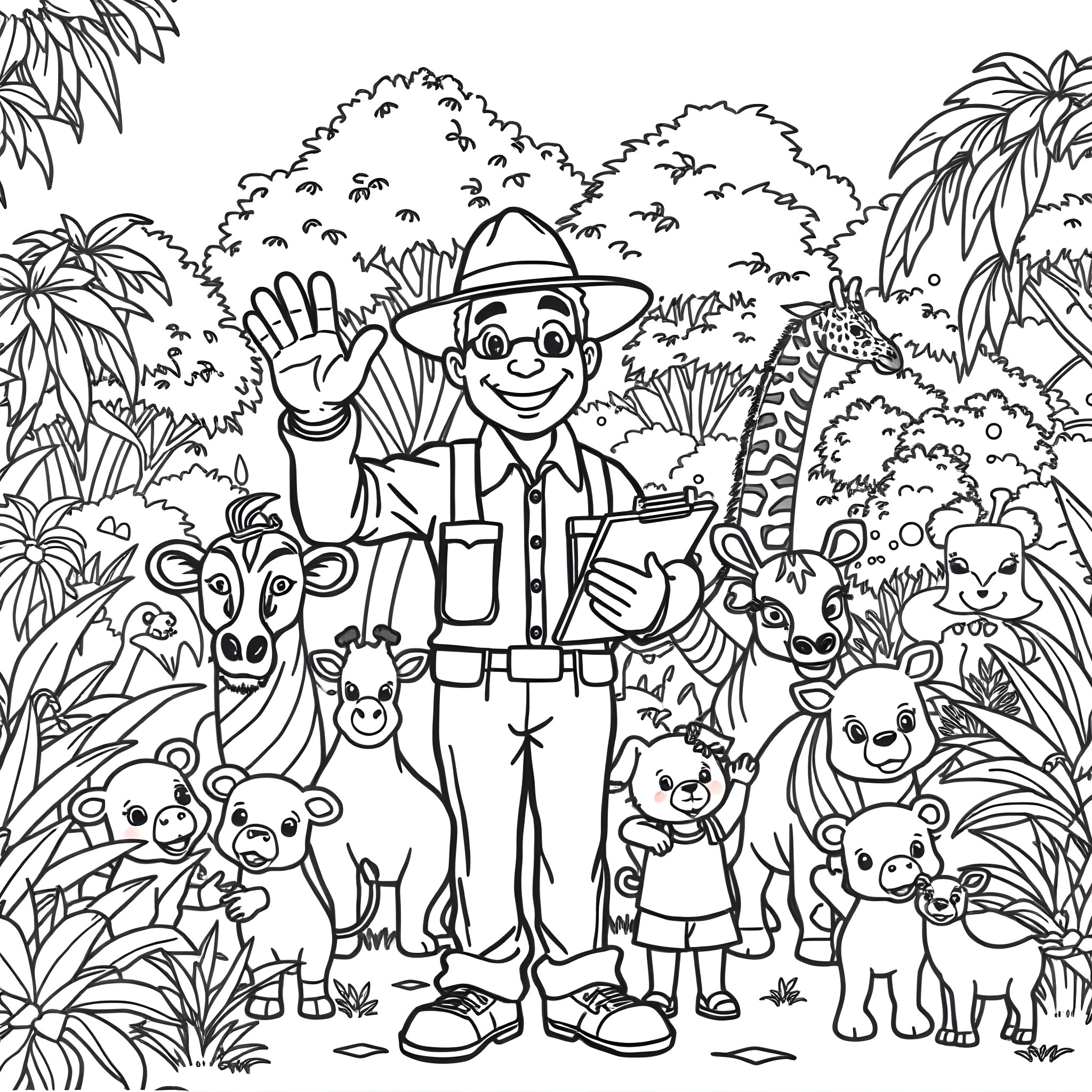 Zookeeper waving and surrounded by happy animals in the jungle Coloring Page (free black-and-white line drawing printable PDF for all, from beginners to advanced learners, including children, teens, adults, and seniors)