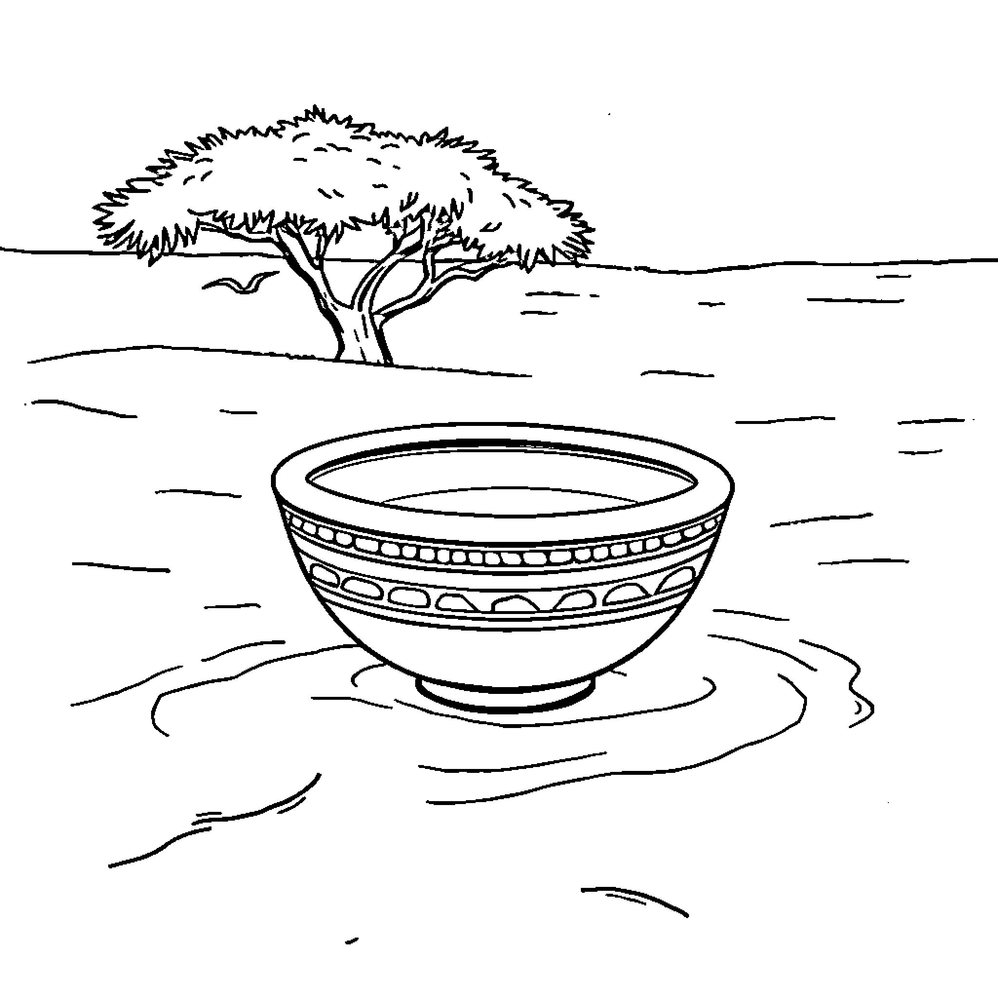 Bowl floating in tranquil water Coloring Page (free black-and-white line drawing printable PDF for all, from beginners to advanced learners, including children, teens, adults, and seniors)