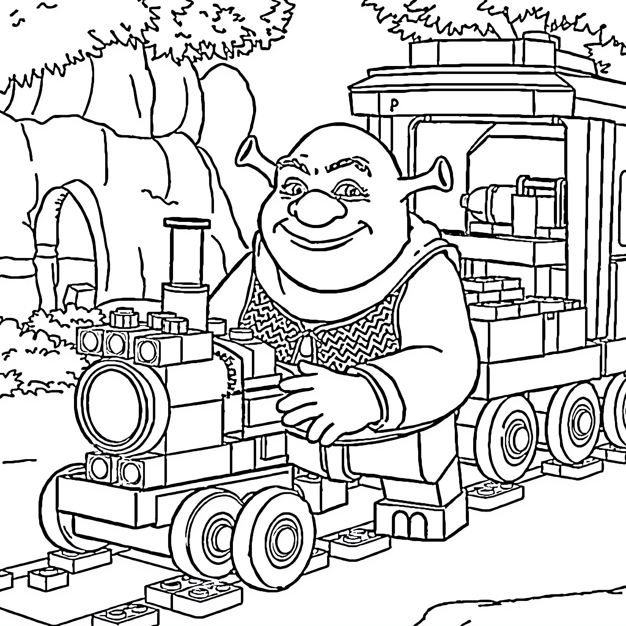 Shrek's Lego-inspired Adventure Coloring Page (free black-and-white line drawing printable PDF for all, from beginners to advanced learners, including children, teens, adults, and seniors)