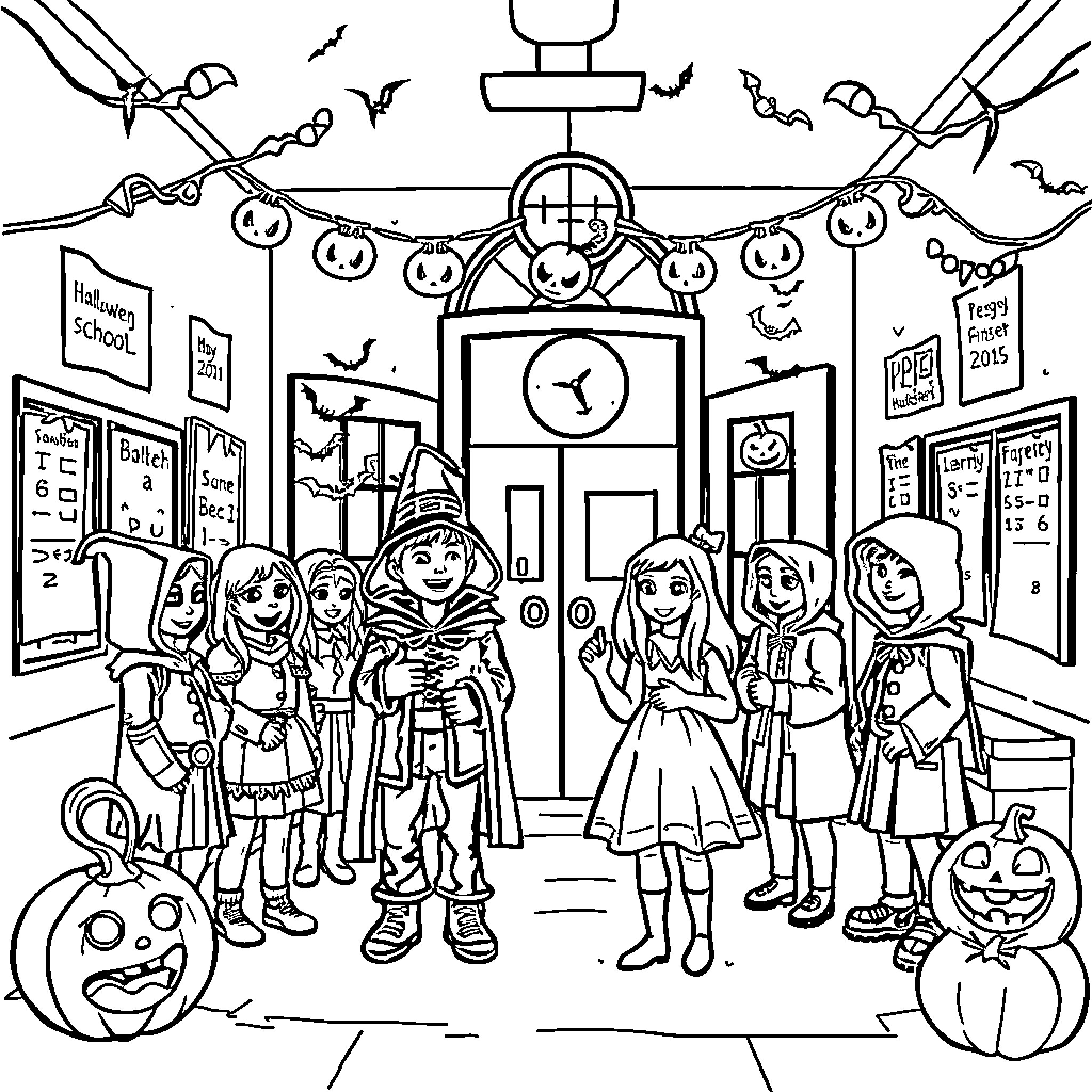 Halloween fun at the school carnival Coloring Page (free black-and-white line drawing printable PDF for all, from beginners to advanced learners, including children, teens, adults, and seniors)