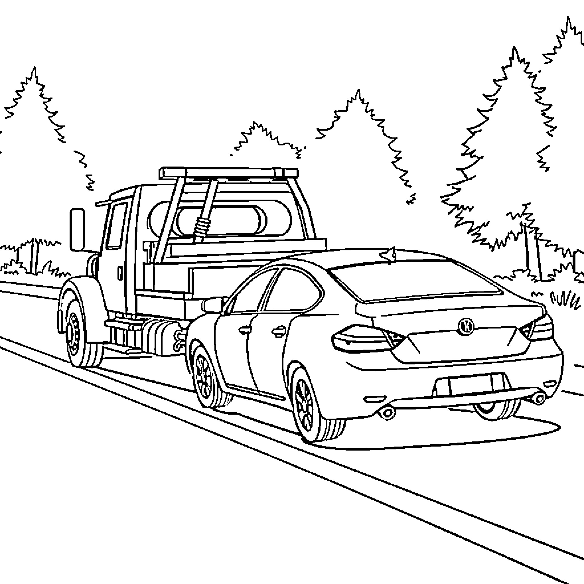 Tow Truck Transporting Vehicle on Road Coloring Page (free black-and-white line drawing printable PDF for all, from beginners to advanced learners, including children, teens, adults, and seniors)