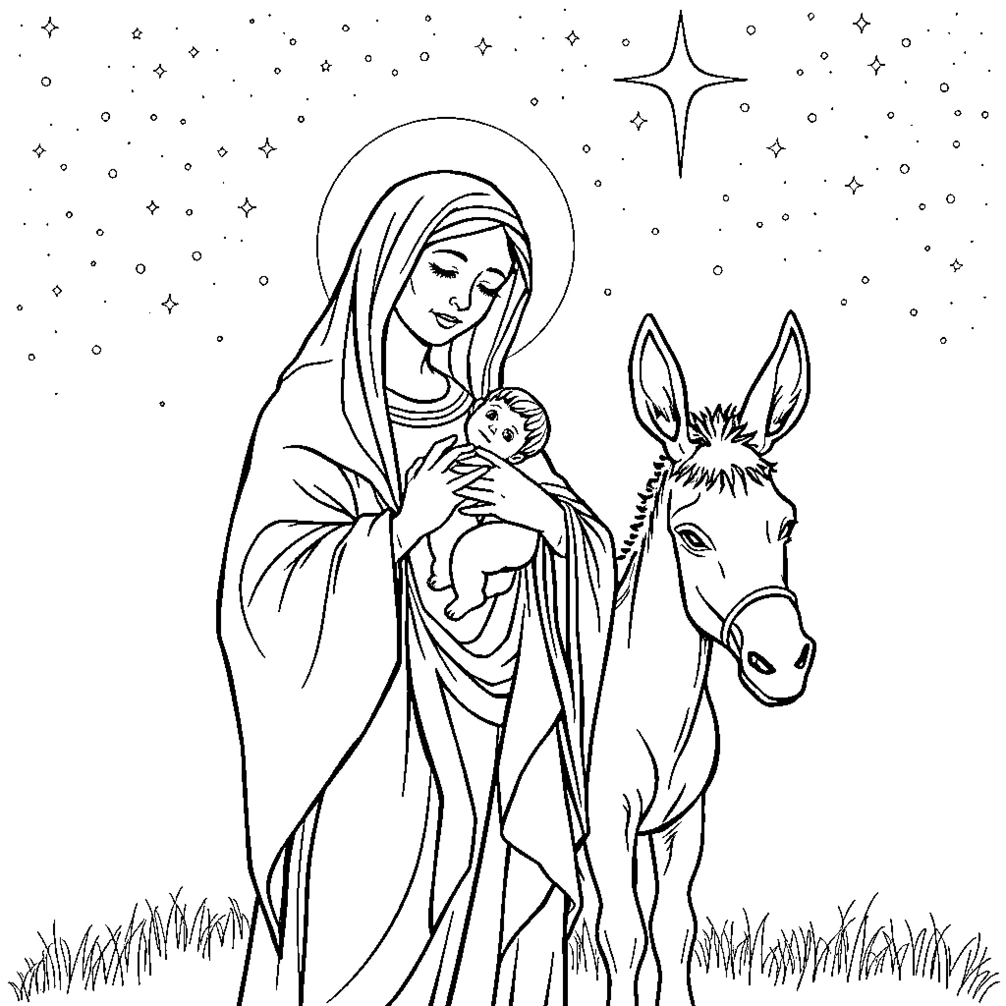 Virgin Mary with baby and donkey in starry night Coloring Page (free black-and-white line drawing printable PDF for all, from beginners to advanced learners, including children, teens, adults, and seniors)