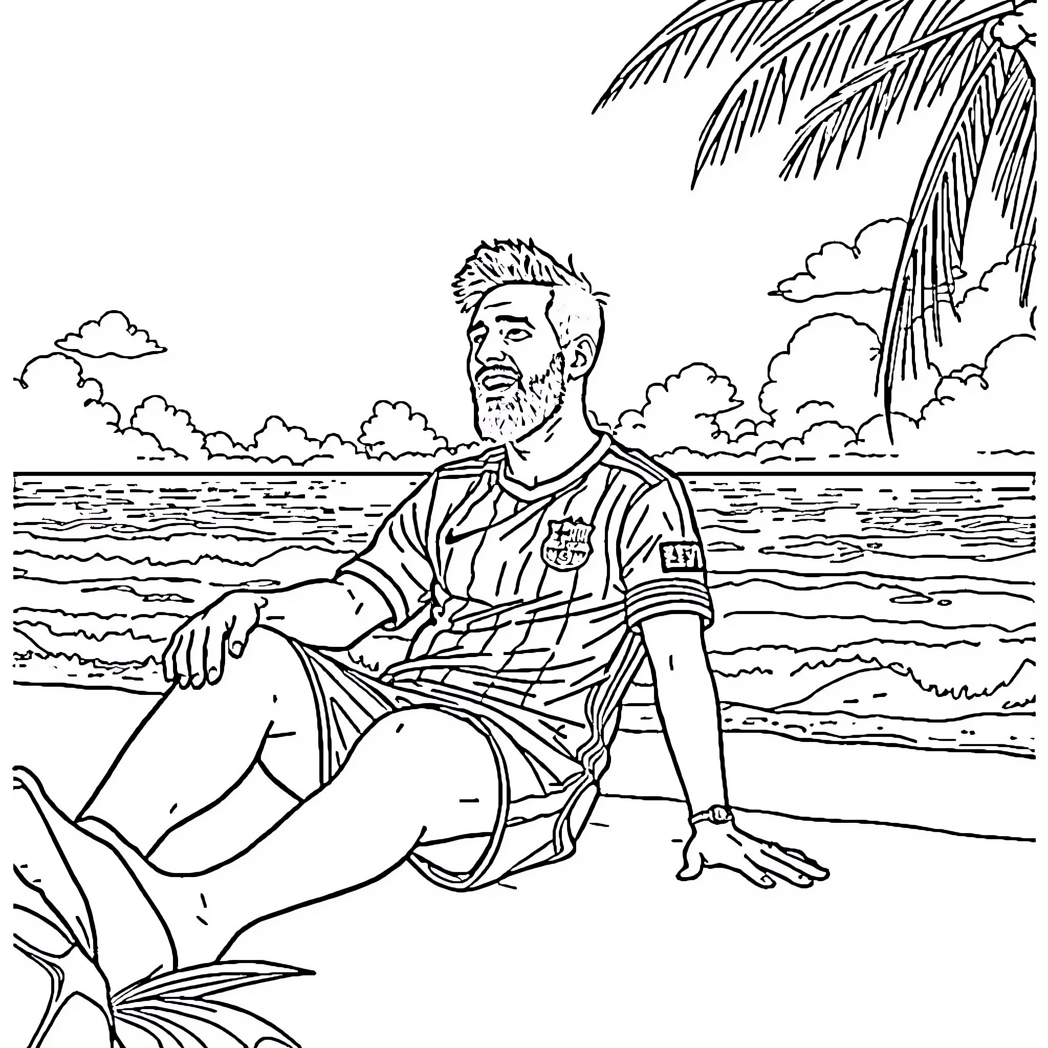 Messi relaxing on the beach Coloring Page (free black-and-white line drawing printable PDF for all, from beginners to advanced learners, including children, teens, adults, and seniors)