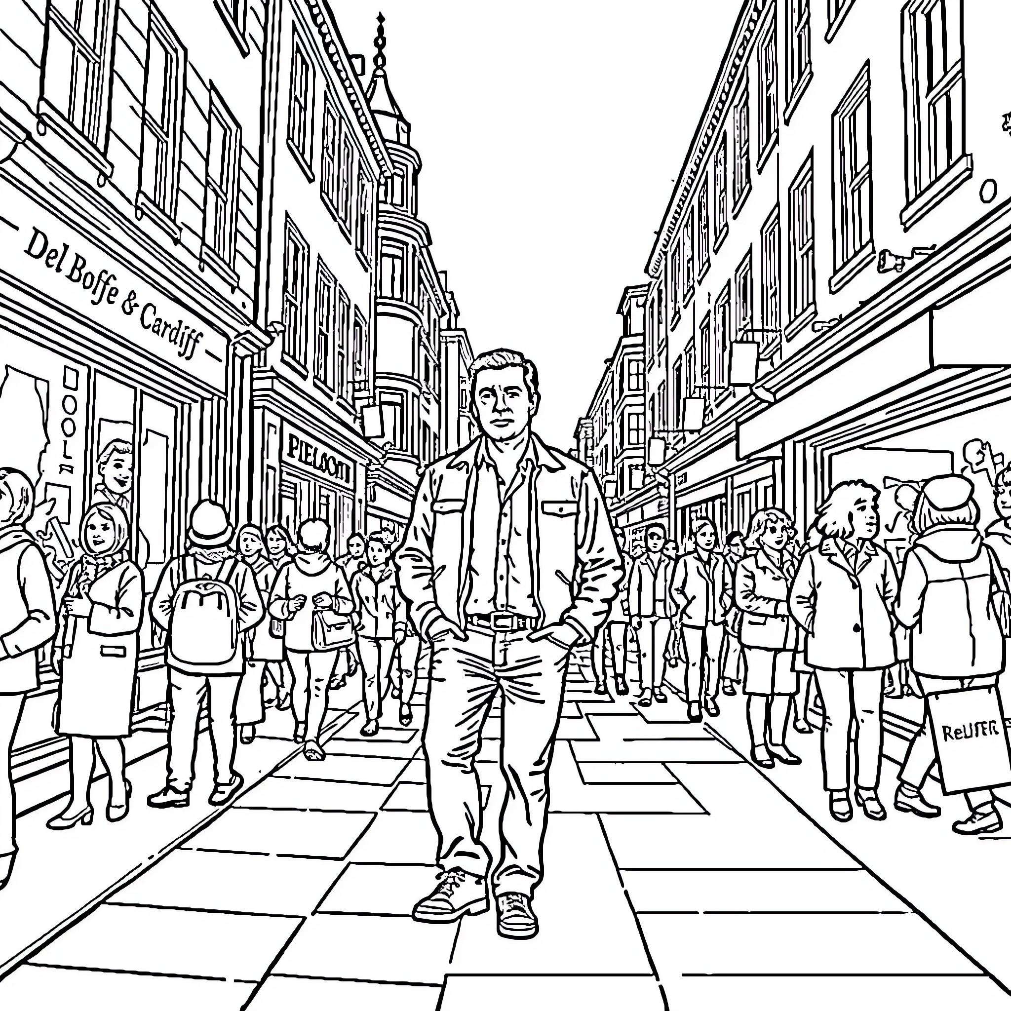 Del Boy's Quirky Street Scene: Casual Encounters and Urban Explorations Coloring Page (free black-and-white line drawing printable PDF for all, from beginners to advanced learners, including children, teens, adults, and seniors)