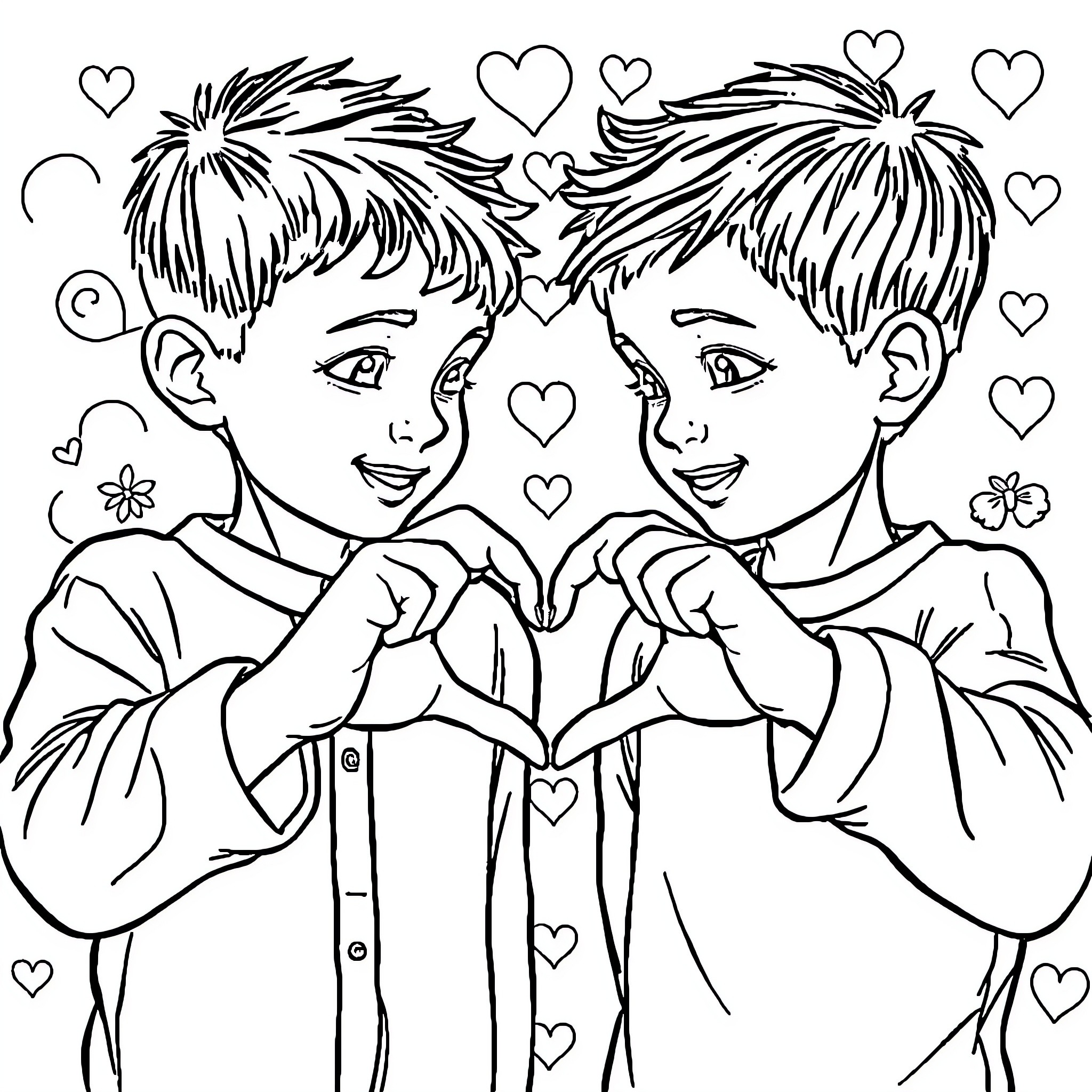Saja Boy Making Heart Gesture with Friends Coloring Page (free black-and-white line drawing printable PDF for all, from beginners to advanced learners, including children, teens, adults, and seniors)