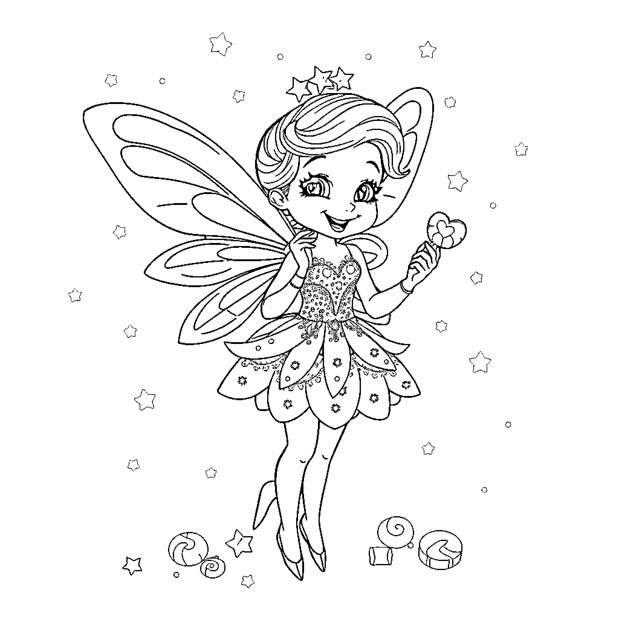 Tooth Fairy Spreading Magical Fairy Dust Coloring Page (free black-and-white line drawing printable PDF for all, from beginners to advanced learners, including children, teens, adults, and seniors)