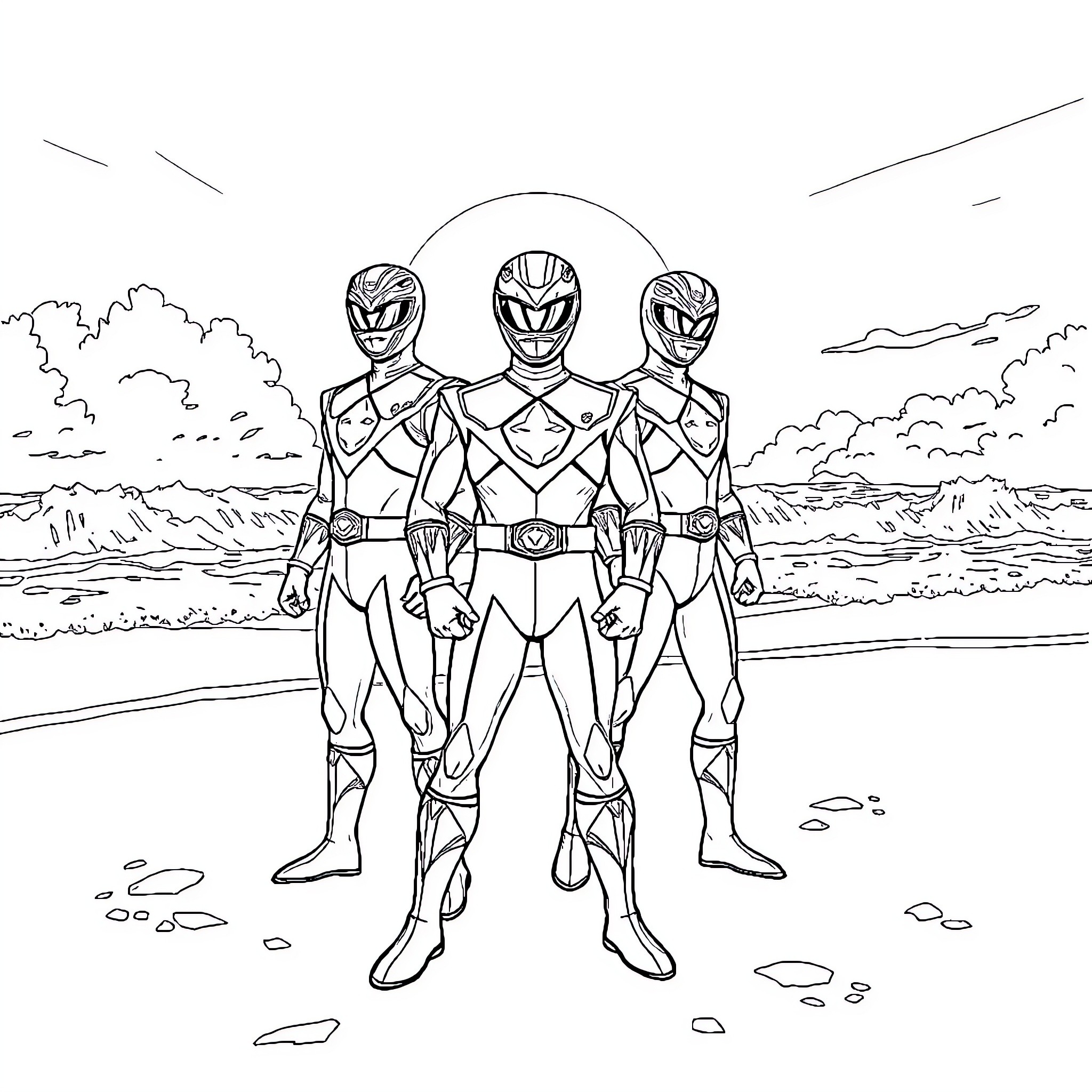 Power Rangers heroically pose on the beach Coloring Page (free black-and-white line drawing printable PDF for all, from beginners to advanced learners, including children, teens, adults, and seniors)