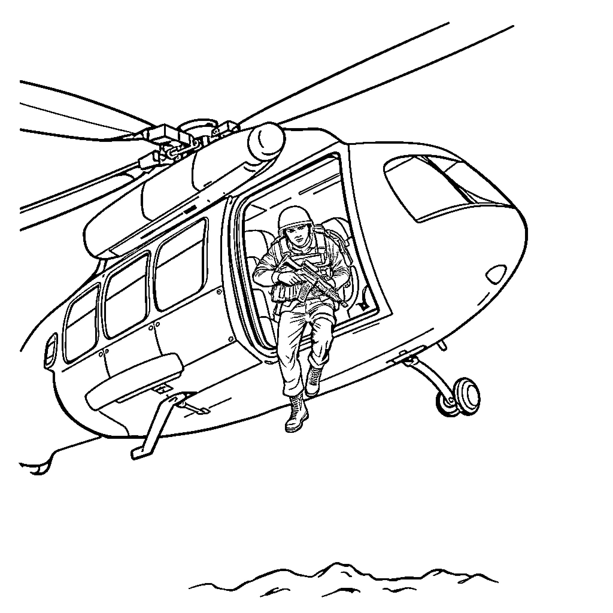 Soldier exiting military helicopter during operation Coloring Page (free black-and-white line drawing printable PDF for all, from beginners to advanced learners, including children, teens, adults, and seniors)
